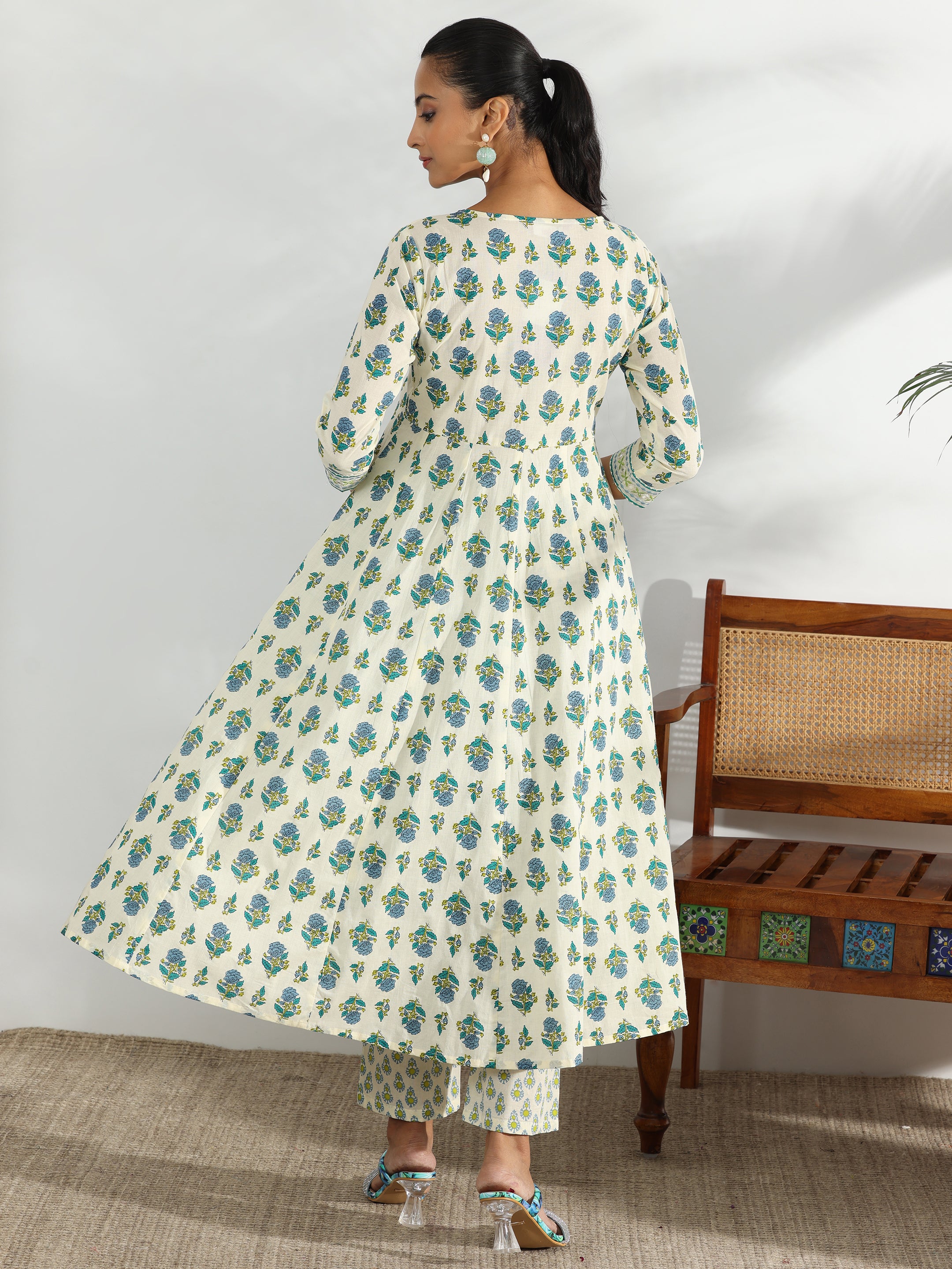 Off White Printed Cotton Anarkali Kurta Set