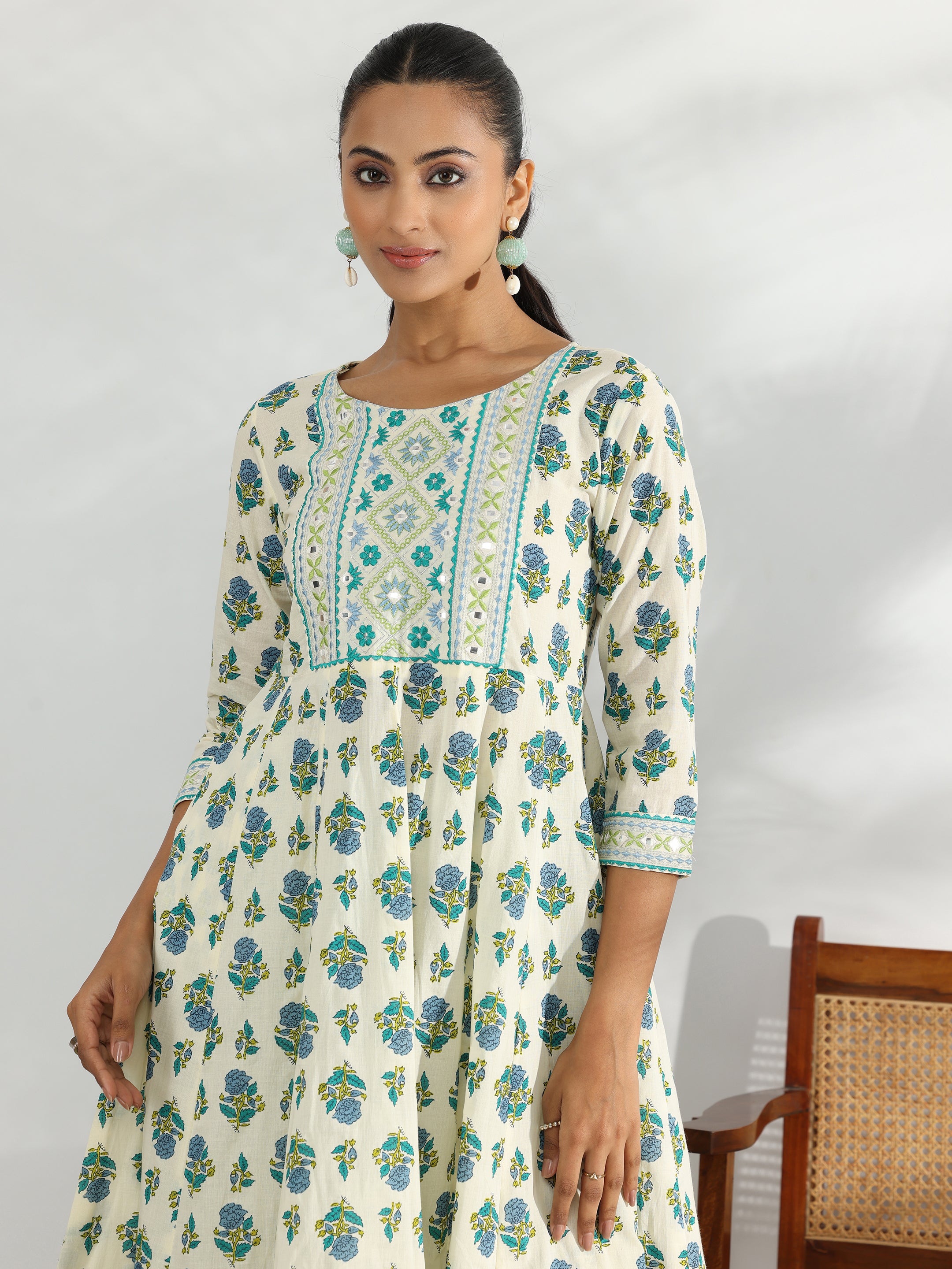 Off White Printed Cotton Anarkali Kurta Set