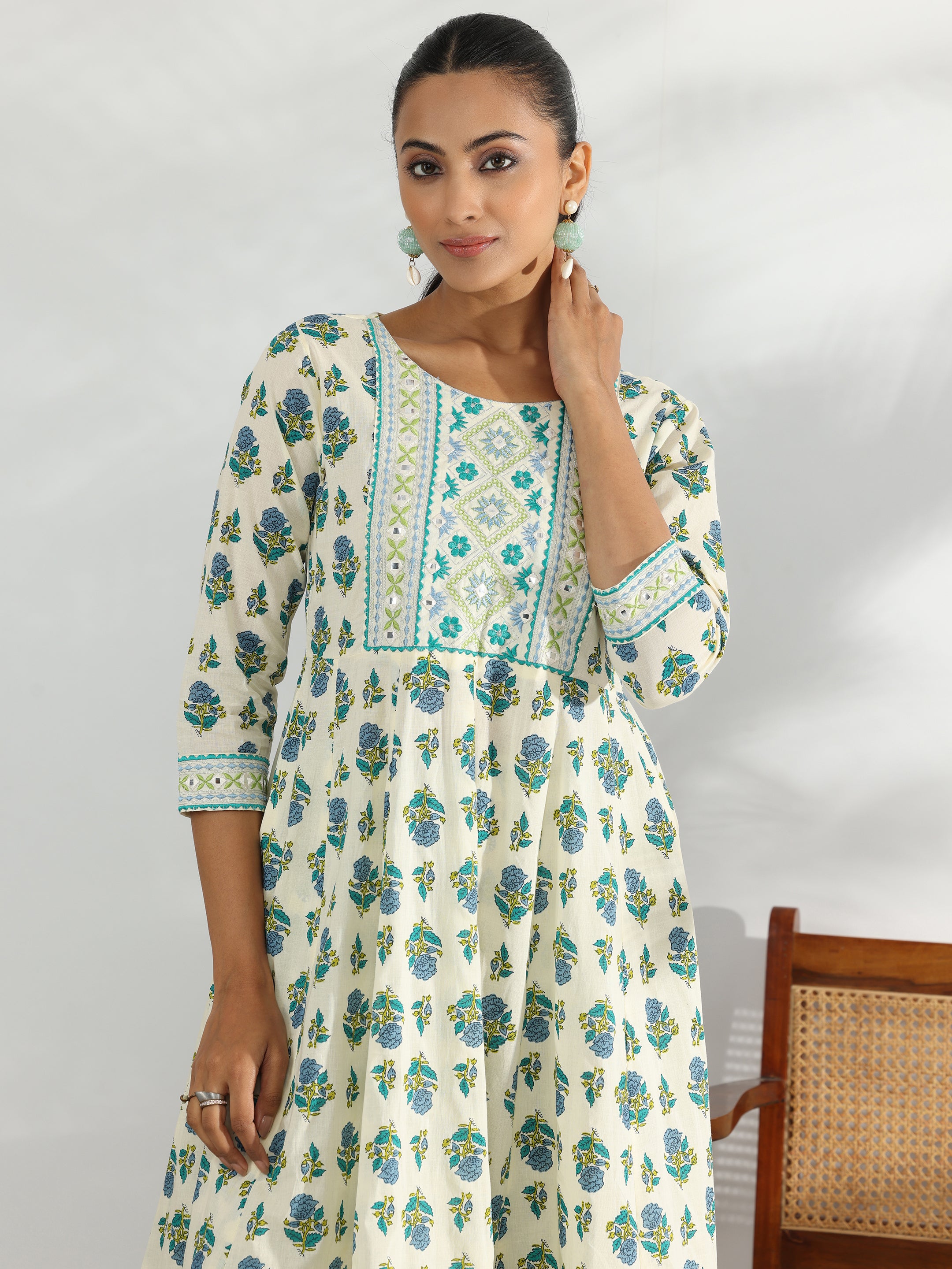 Off White Printed Cotton Anarkali Kurta Set