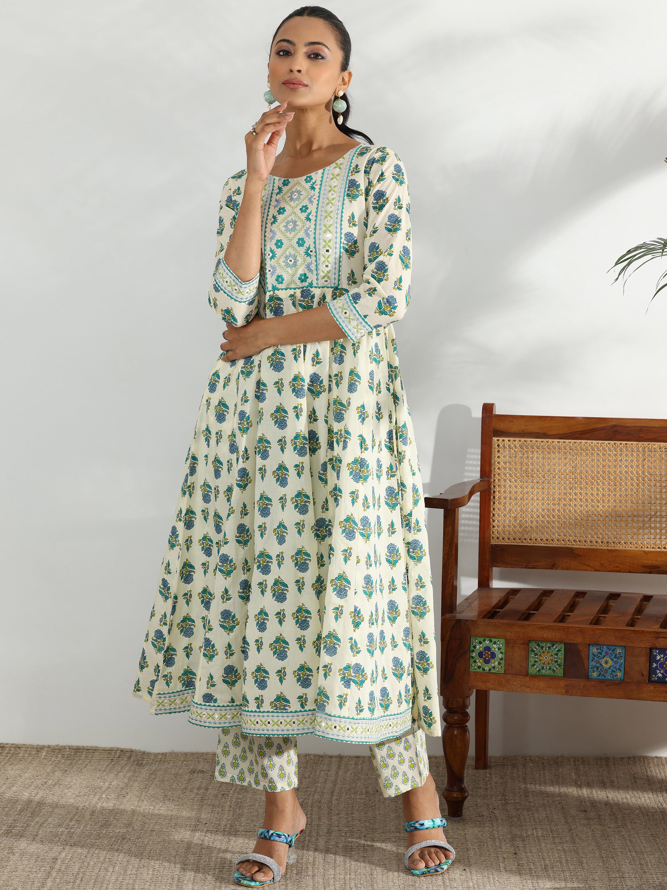 Off White Printed Cotton Anarkali Kurta Set