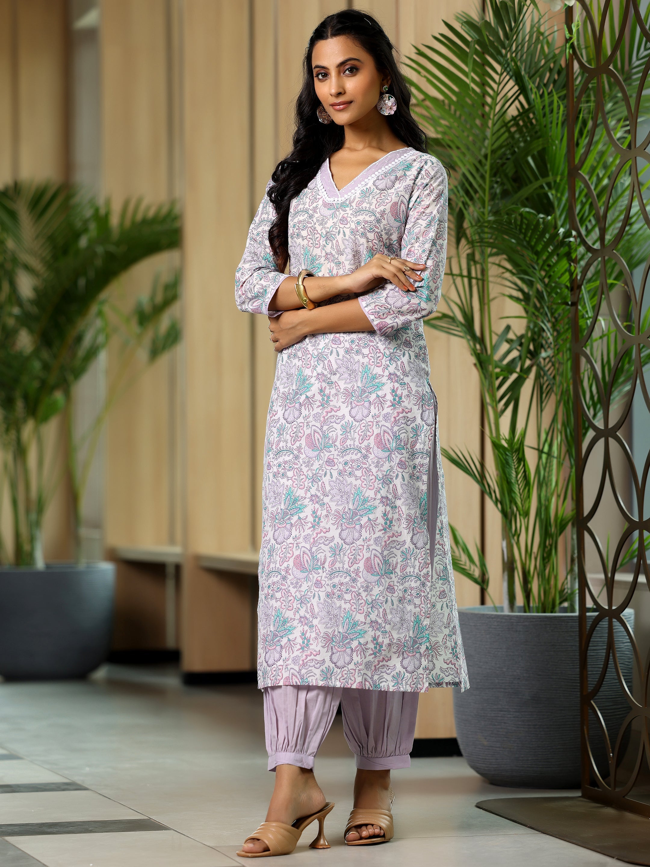 Off White Printed Cotton Straight Suit With Dupatta