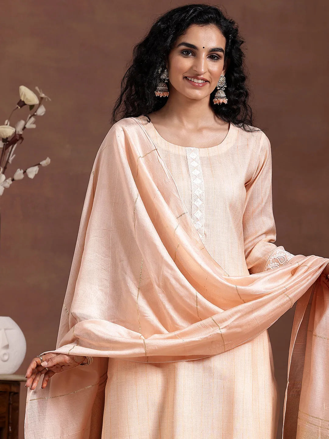 Peach Embroidered Cotton Blend Straight Suit With Dupatta