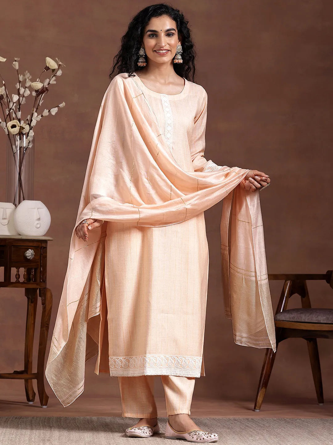 Peach Embroidered Cotton Blend Straight Suit With Dupatta