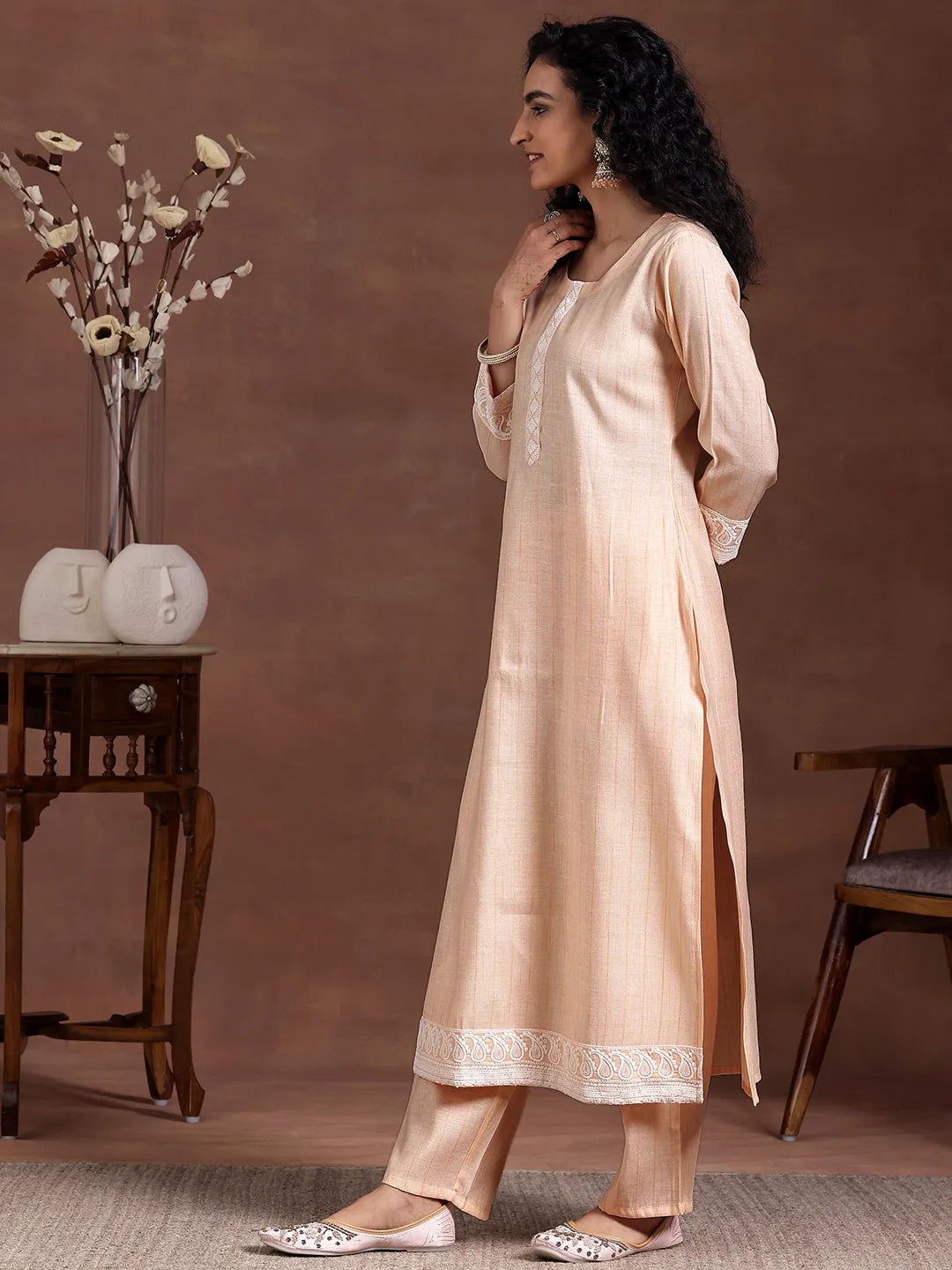 Peach Embroidered Cotton Blend Straight Suit With Dupatta