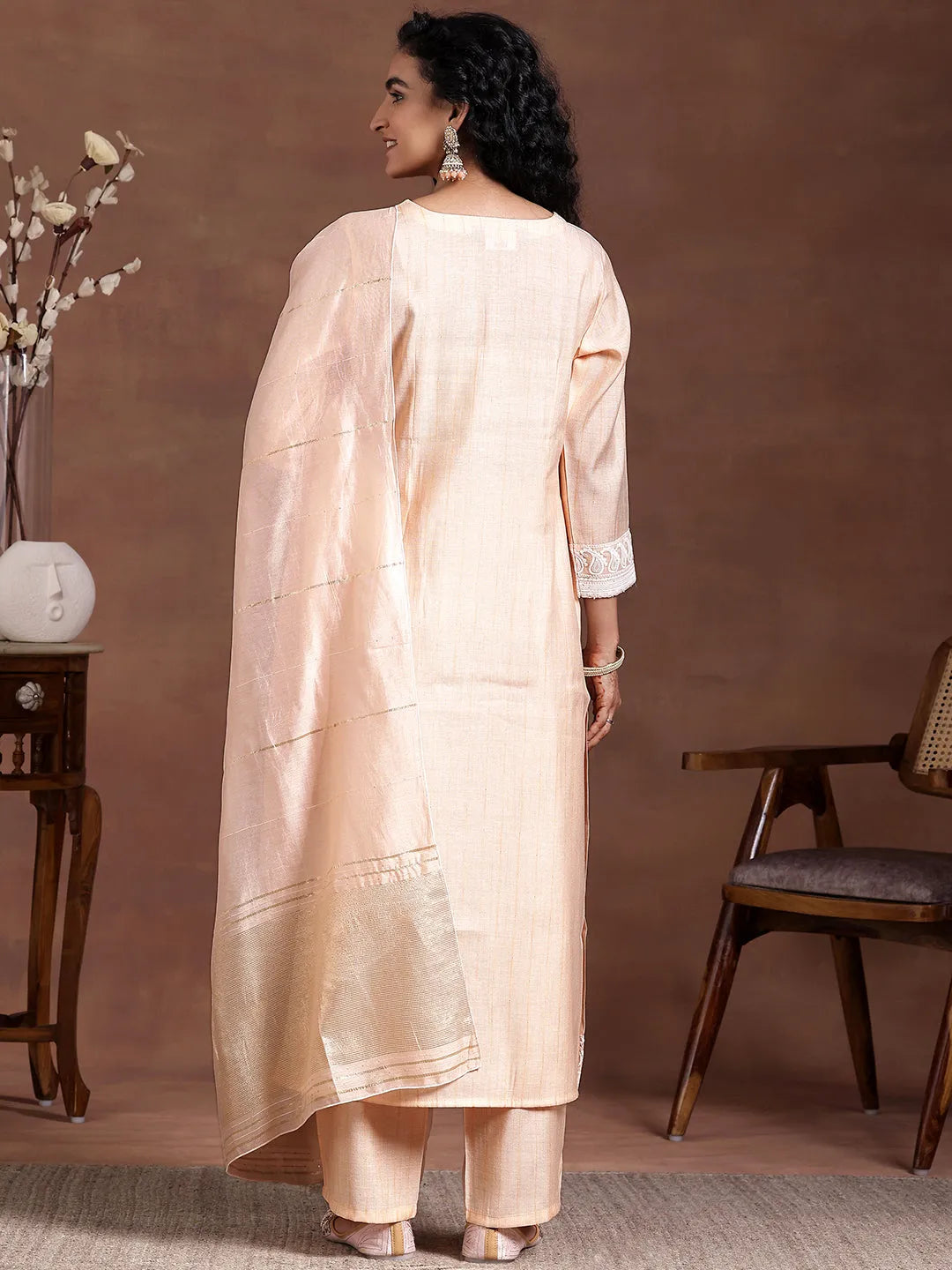 Peach Embroidered Cotton Blend Straight Suit With Dupatta