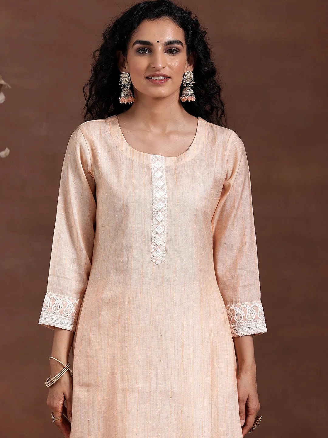 Peach Embroidered Cotton Blend Straight Suit With Dupatta