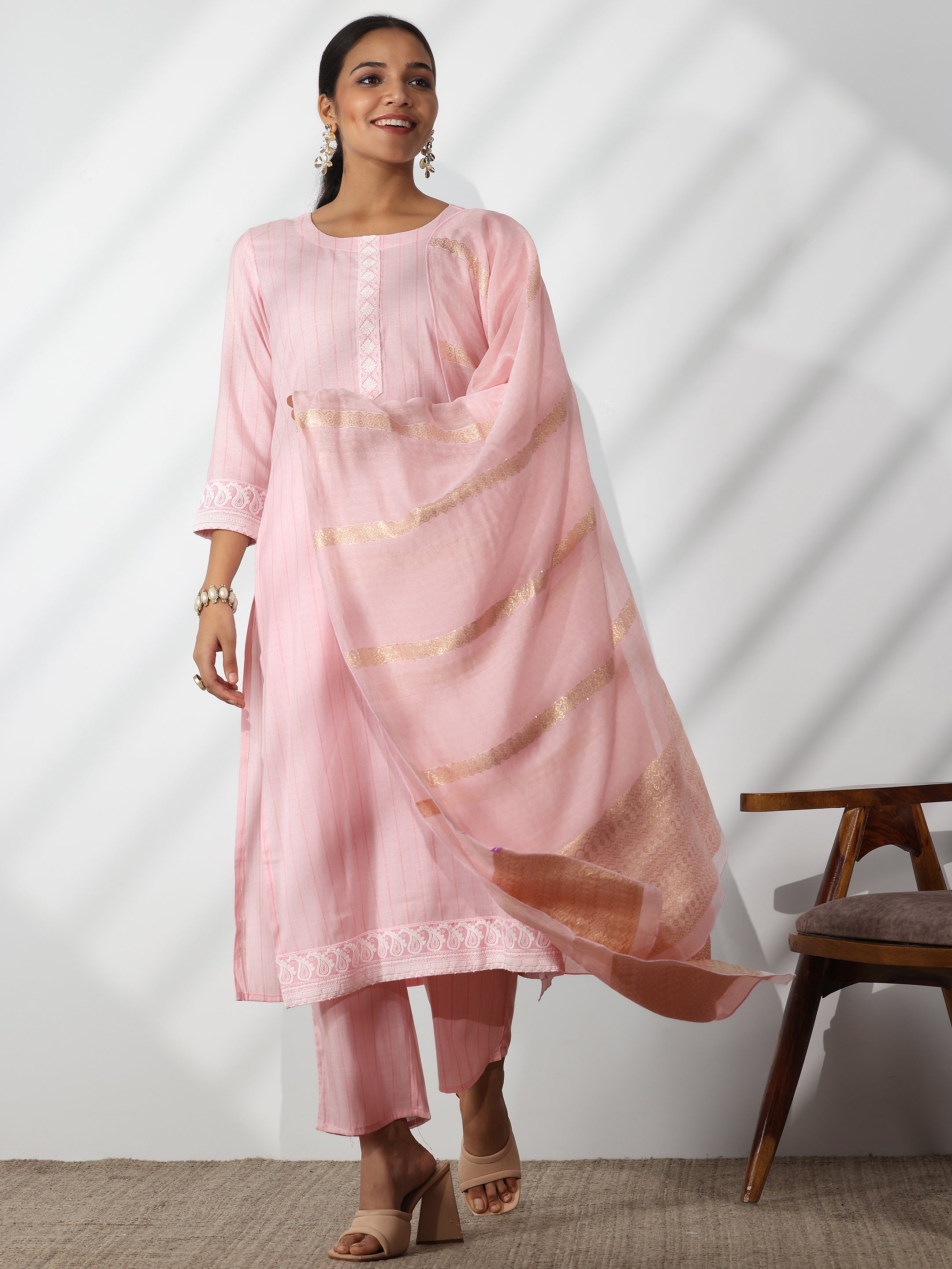 Pink Embroidered Cotton Blend Straight Suit With Dupatta