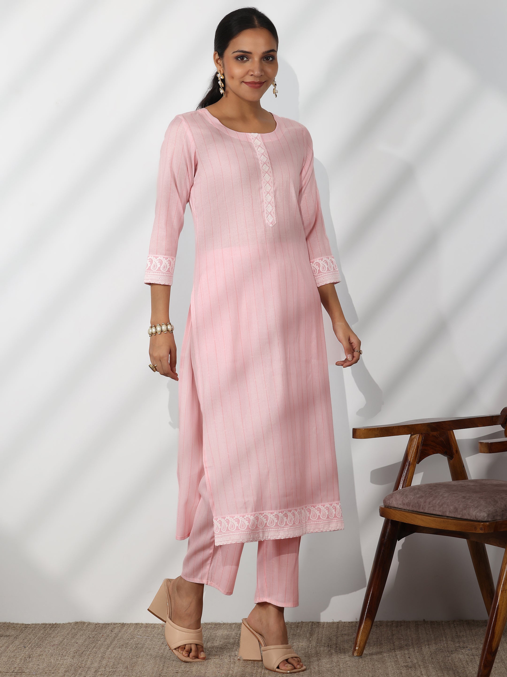 Pink Embroidered Cotton Blend Straight Suit With Dupatta