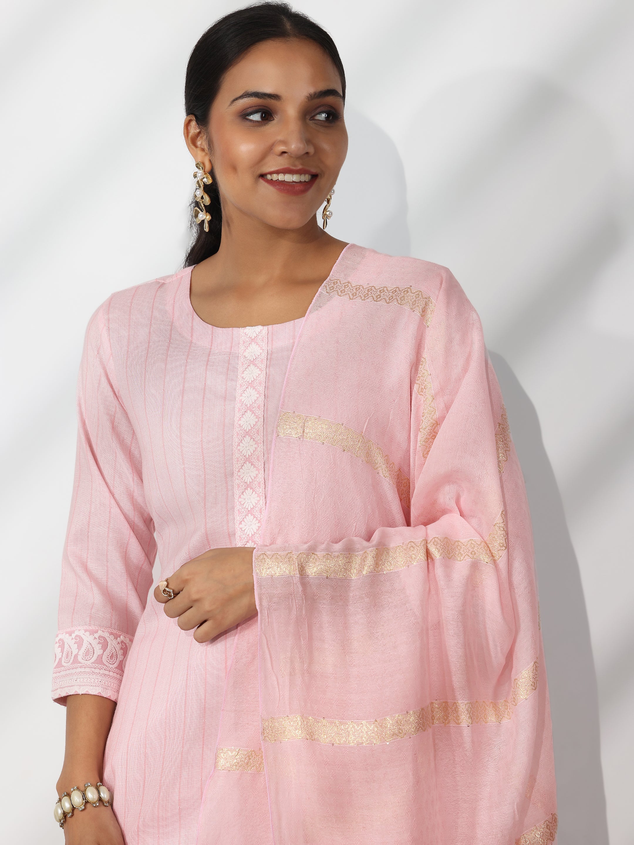 Pink Embroidered Cotton Blend Straight Suit With Dupatta