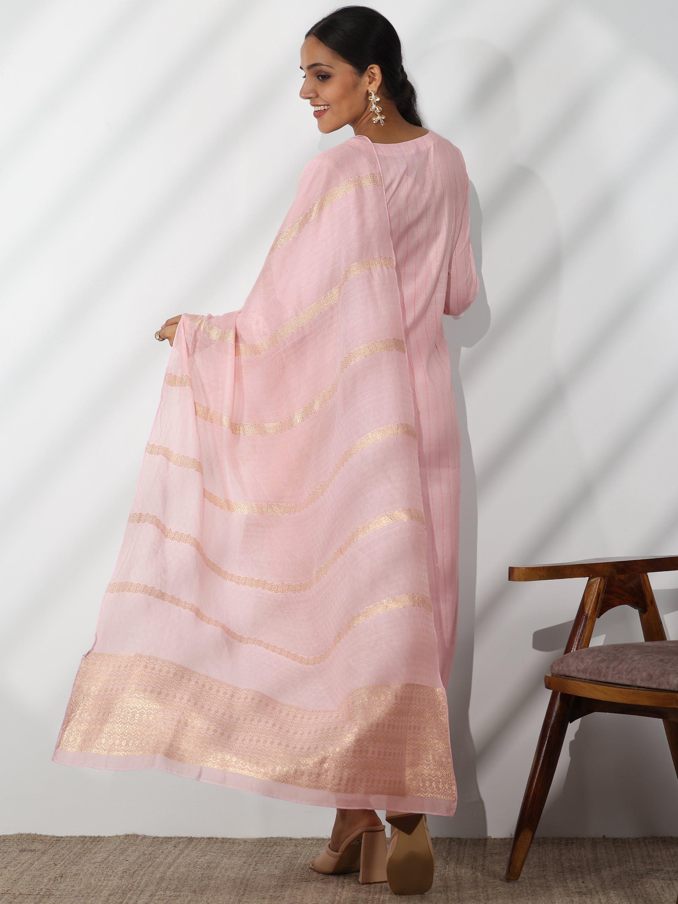 Pink Embroidered Cotton Blend Straight Suit With Dupatta