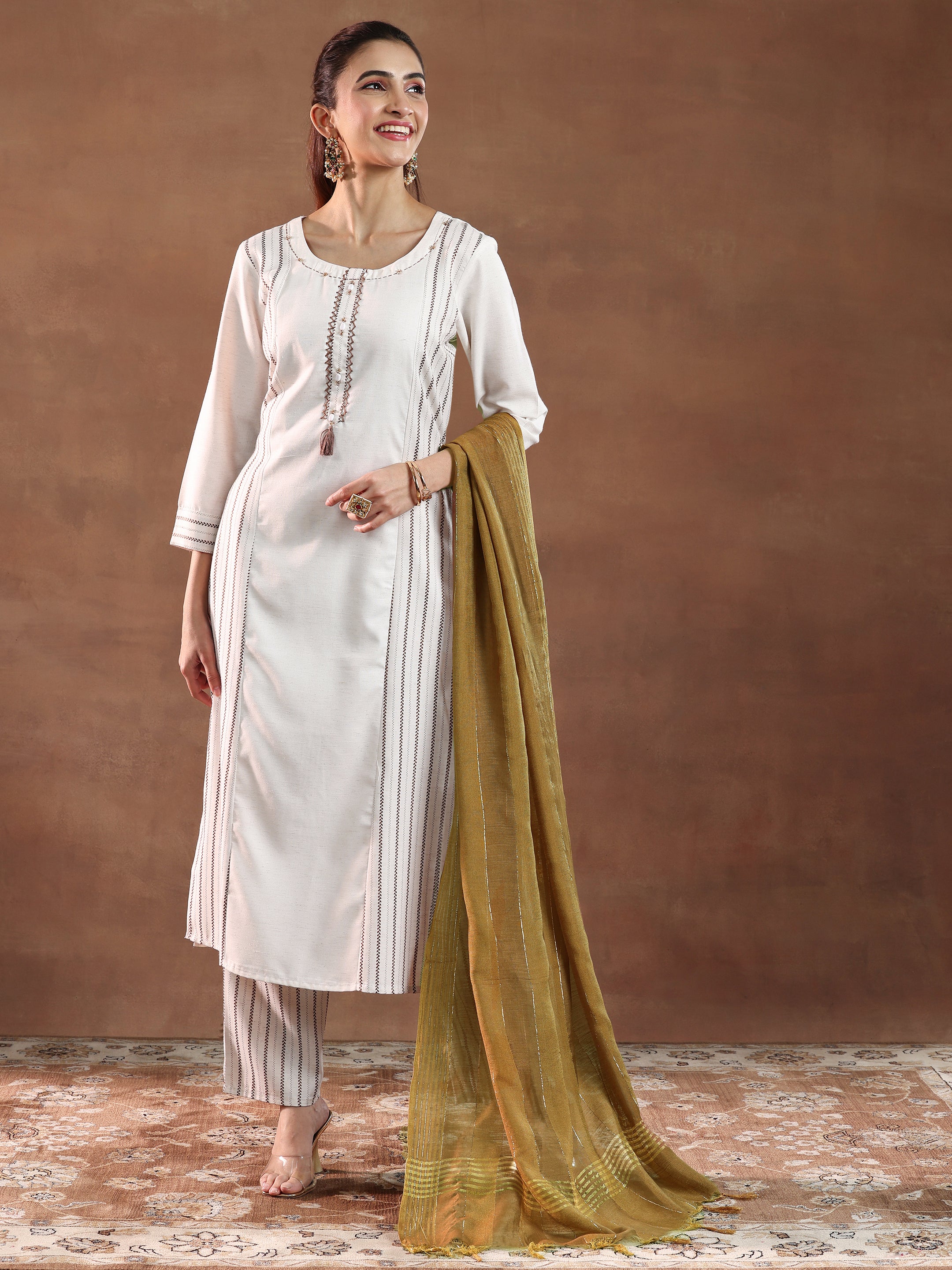 Off White Printed Cotton Blend Straight Suit With Dupatta