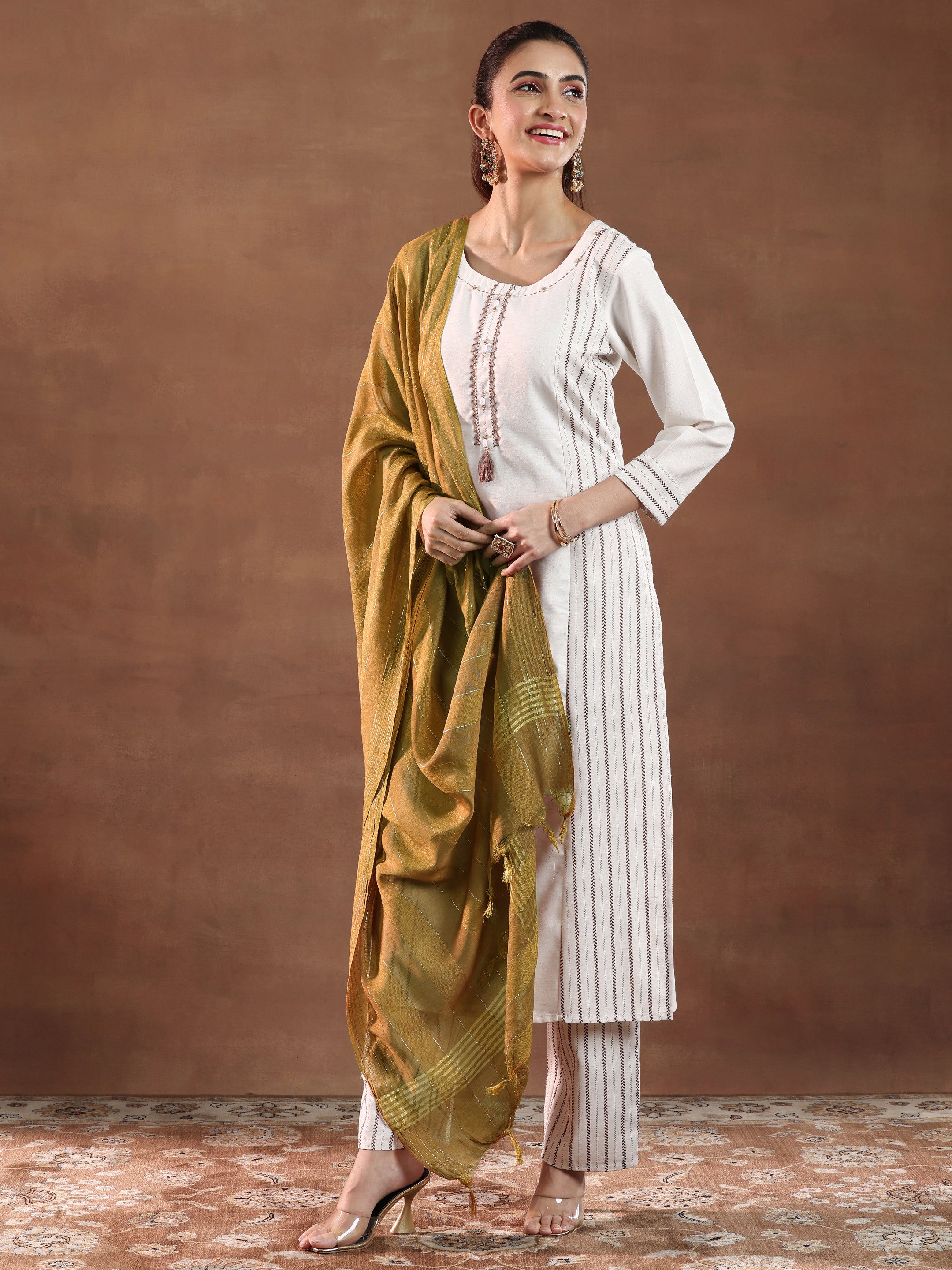 Off White Printed Cotton Blend Straight Suit With Dupatta