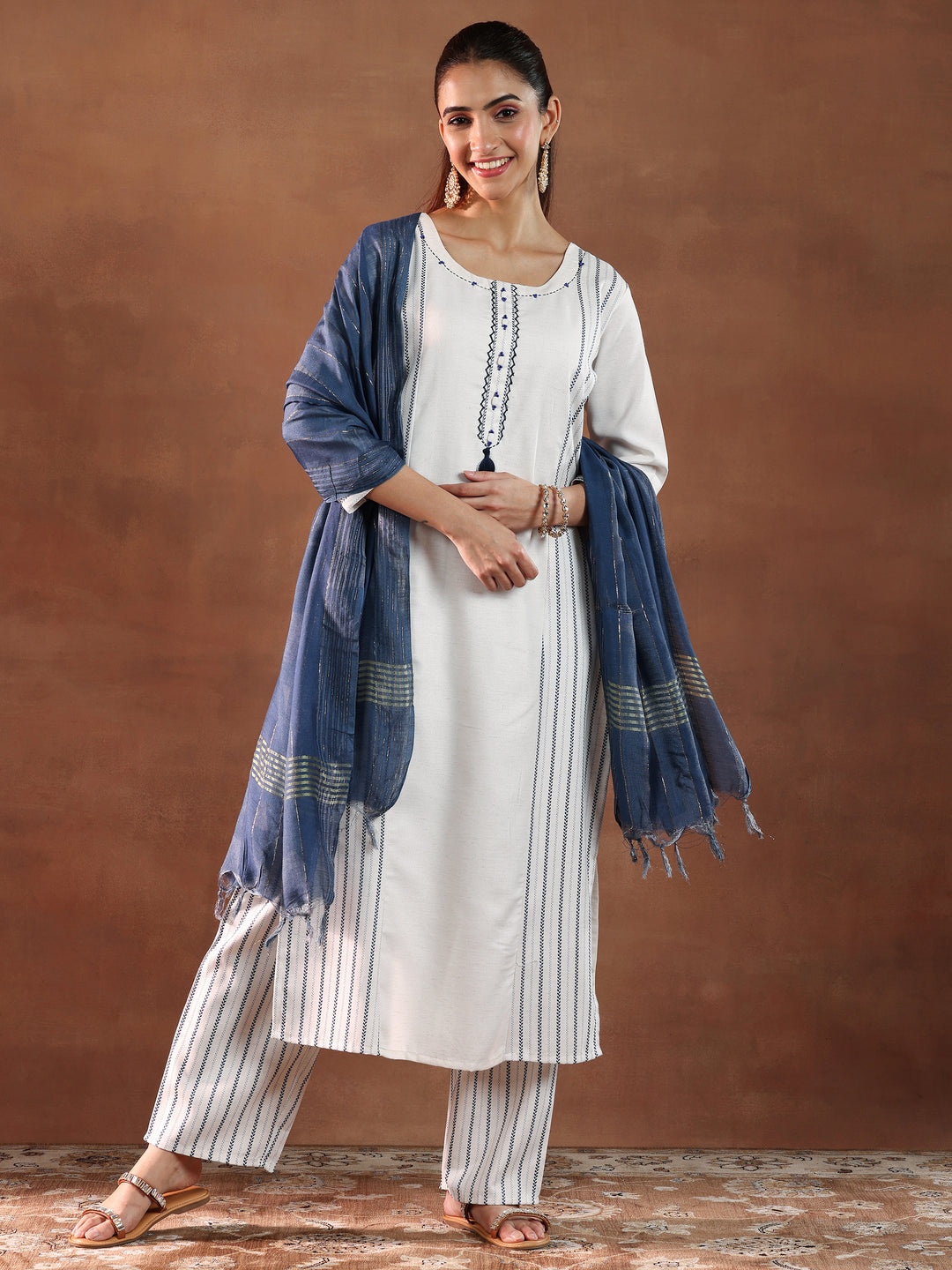 Off White Printed Cotton Blend Straight Suit With Dupatta