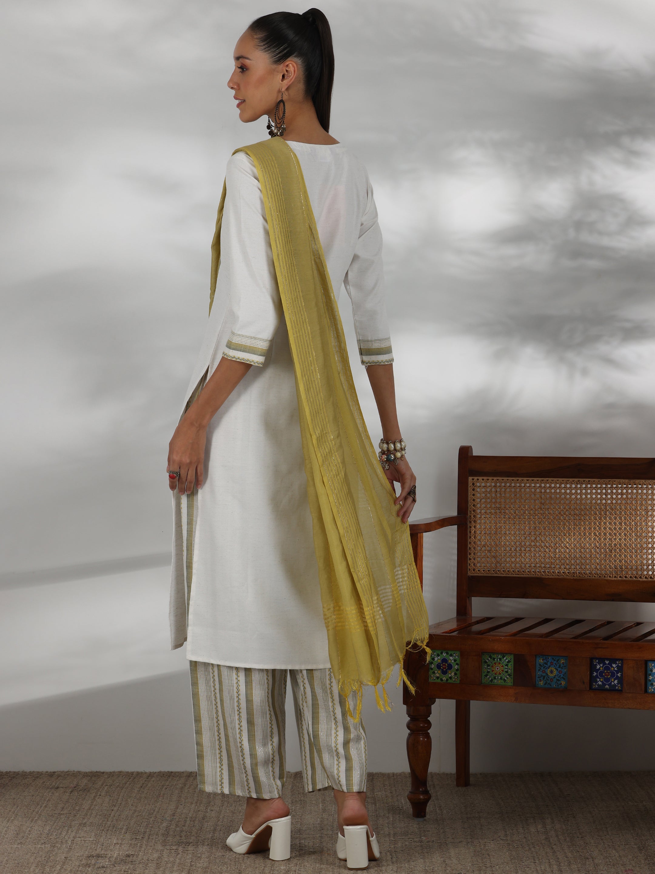 Off White Printed Cotton Blend Straight Suit With Dupatta