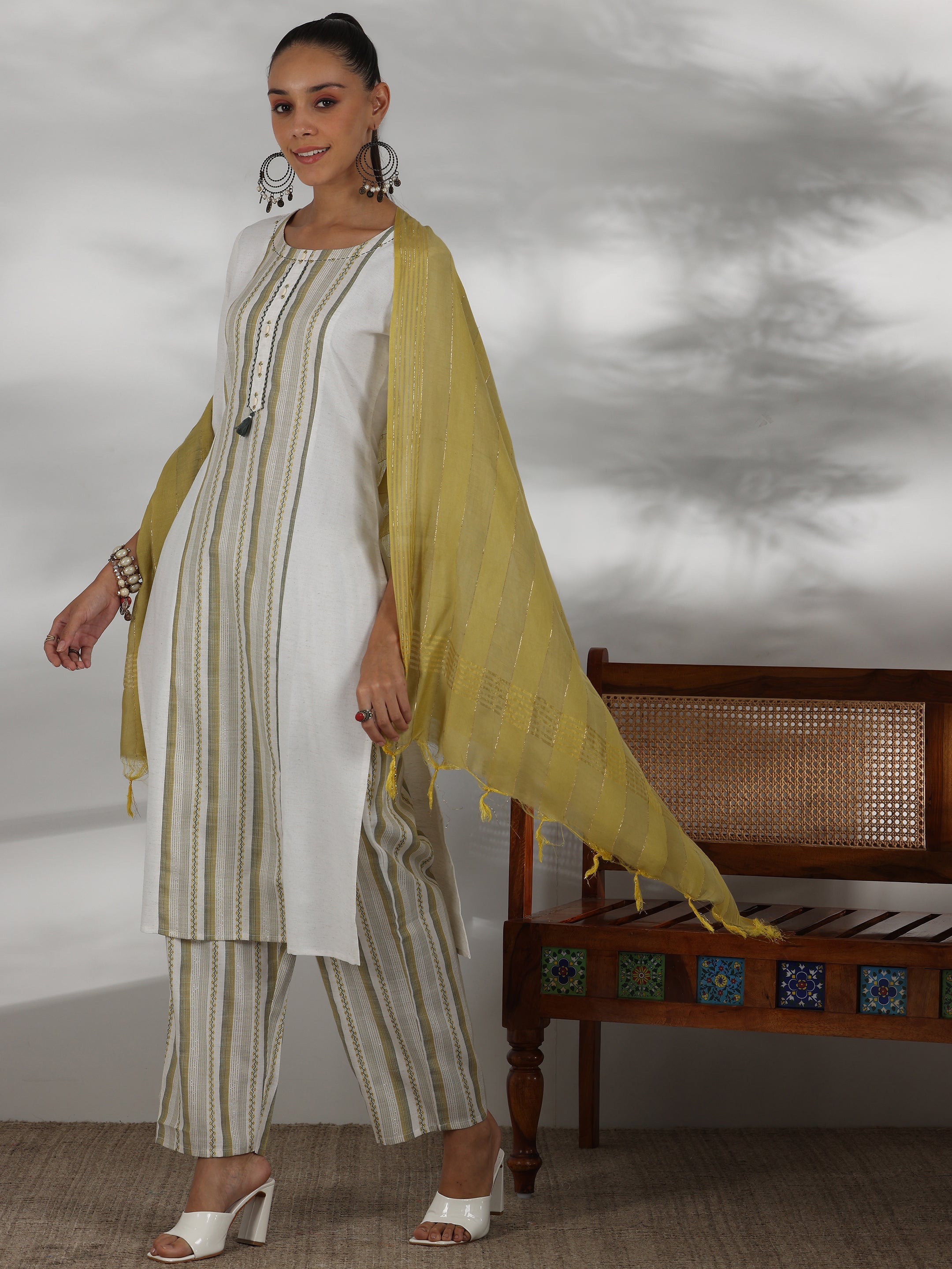 Off White Printed Cotton Blend Straight Suit With Dupatta