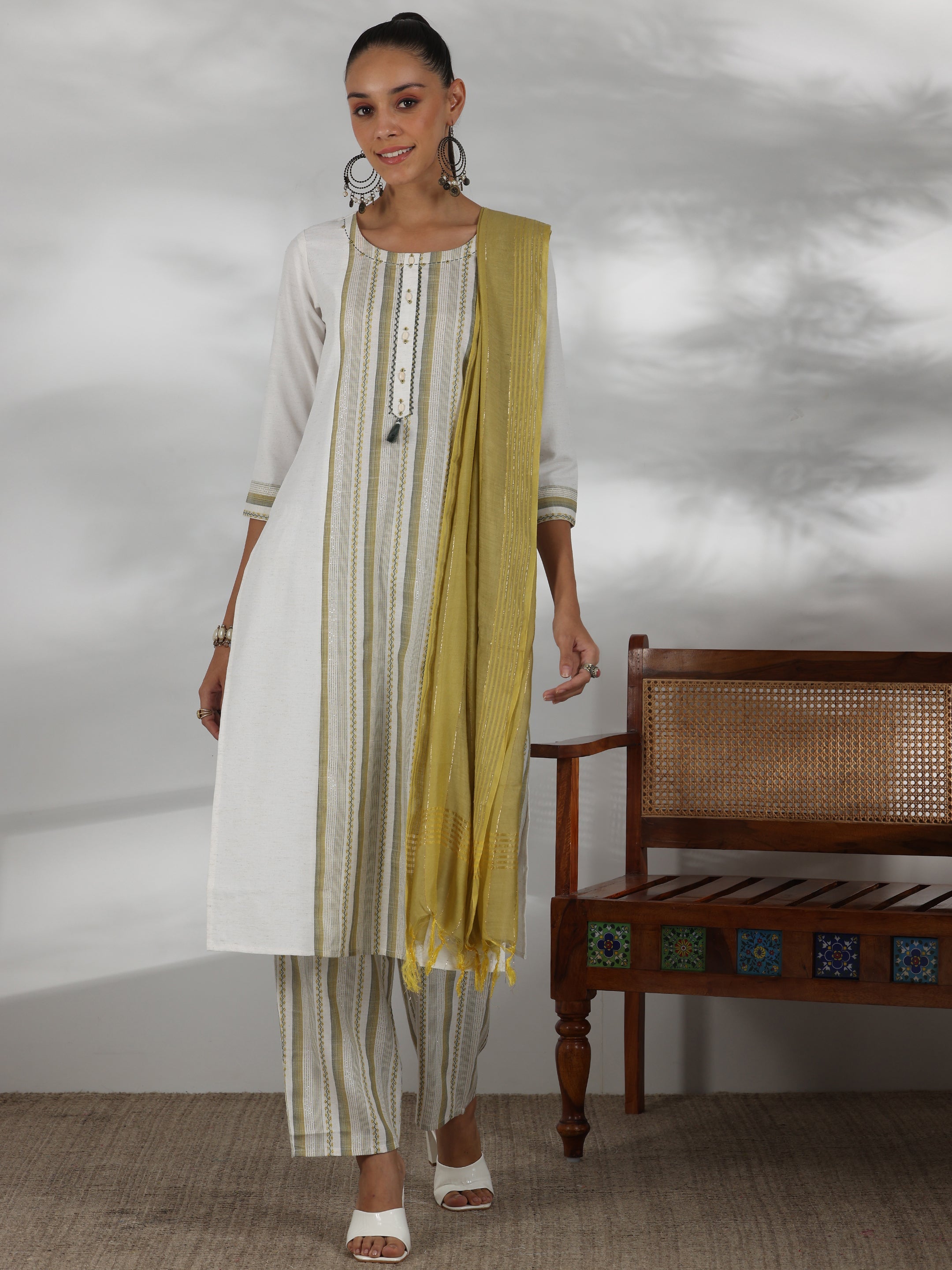 Off White Printed Cotton Blend Straight Suit With Dupatta