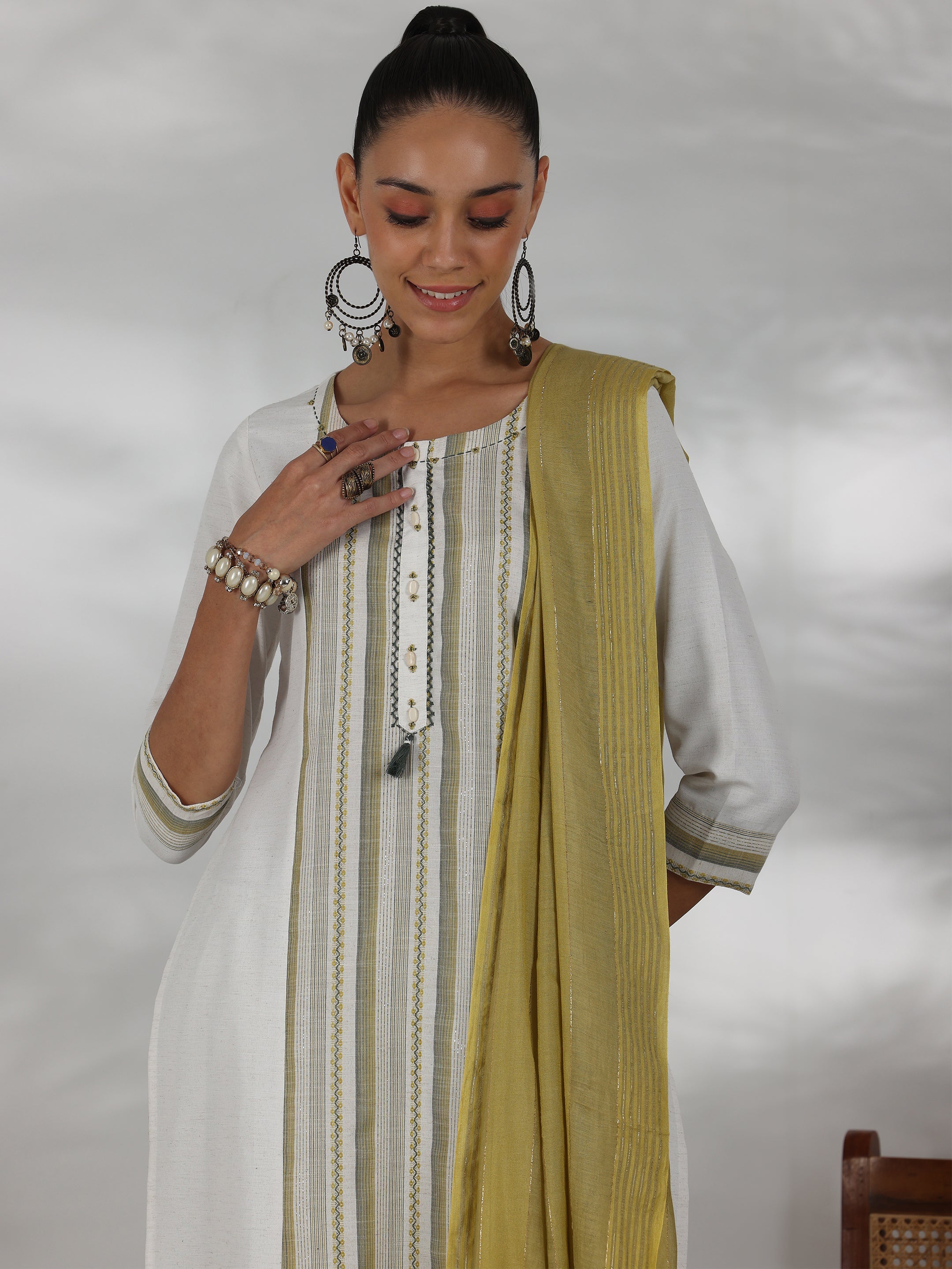 Off White Printed Cotton Blend Straight Suit With Dupatta