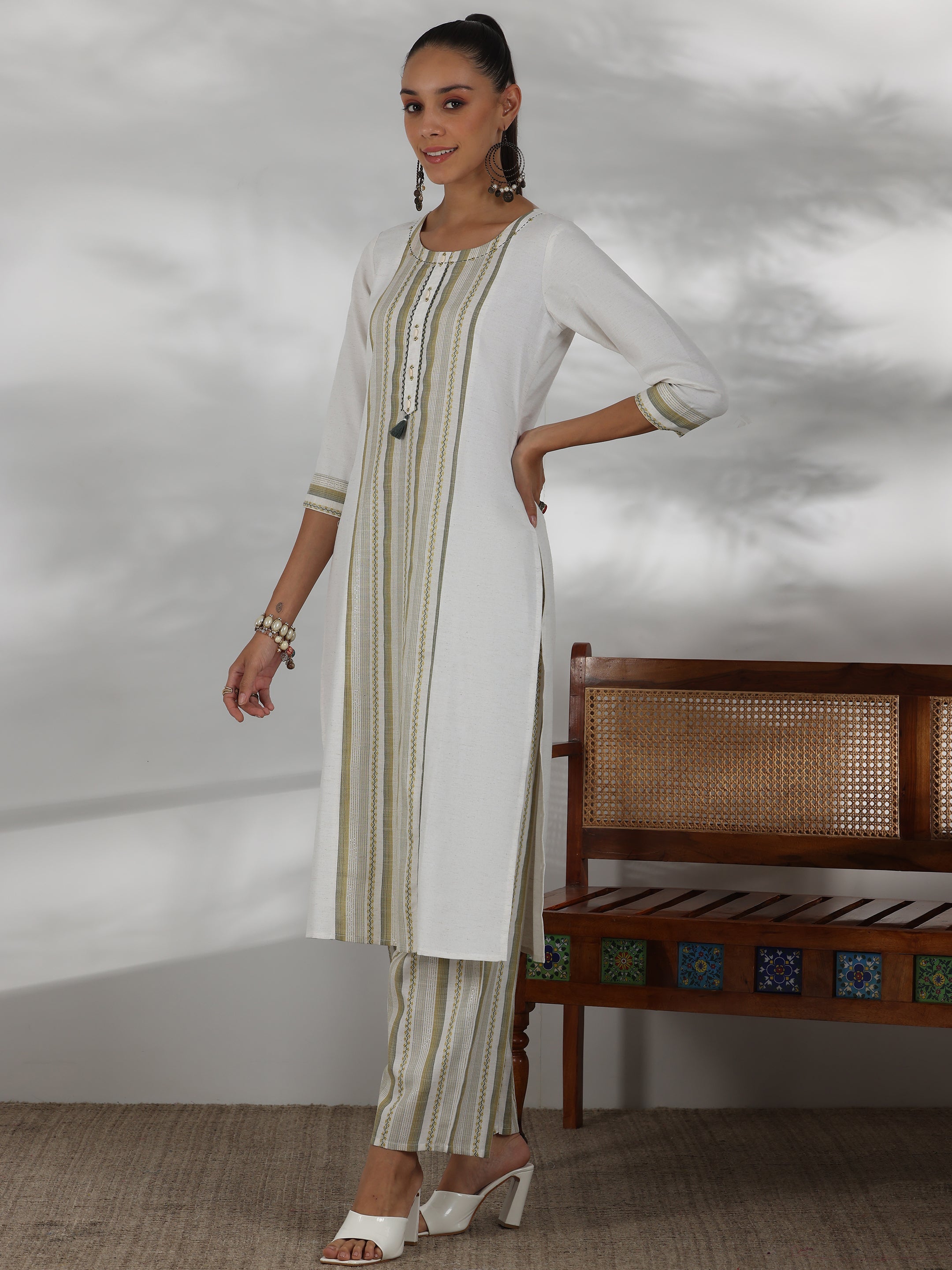 Off White Printed Cotton Blend Straight Suit With Dupatta