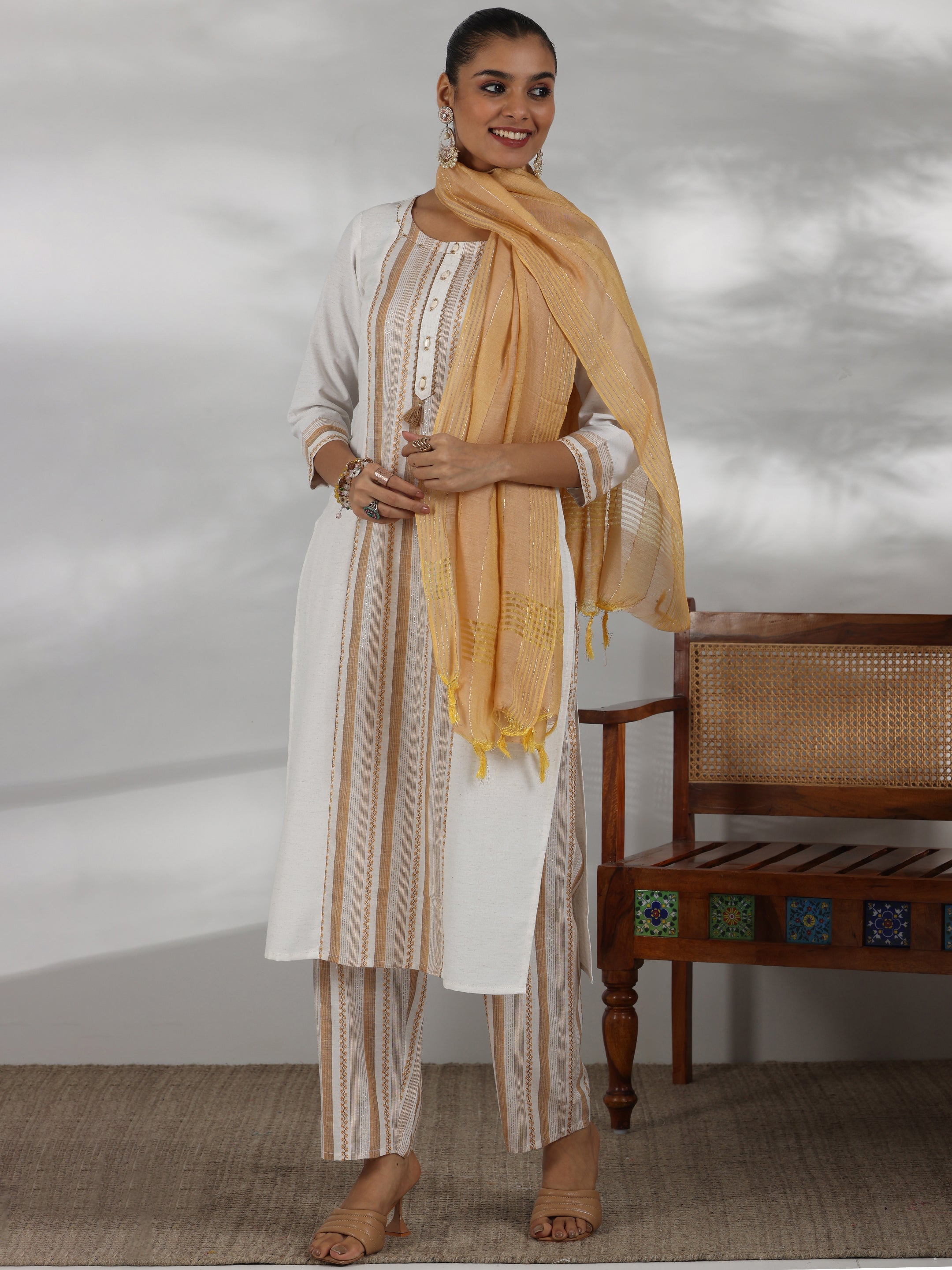 Off White Printed Cotton Blend Straight Suit With Dupatta