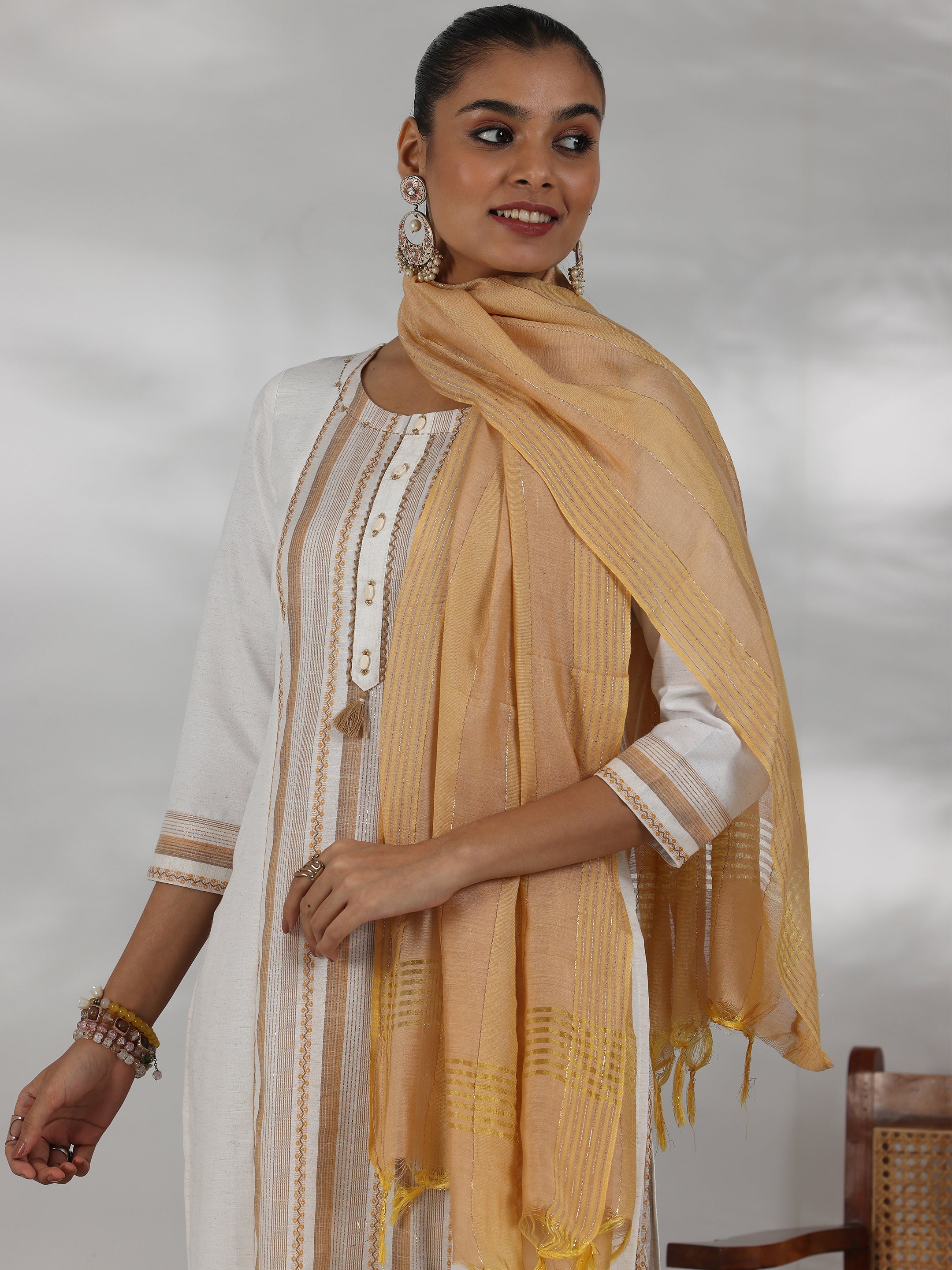 Off White Printed Cotton Blend Straight Suit With Dupatta