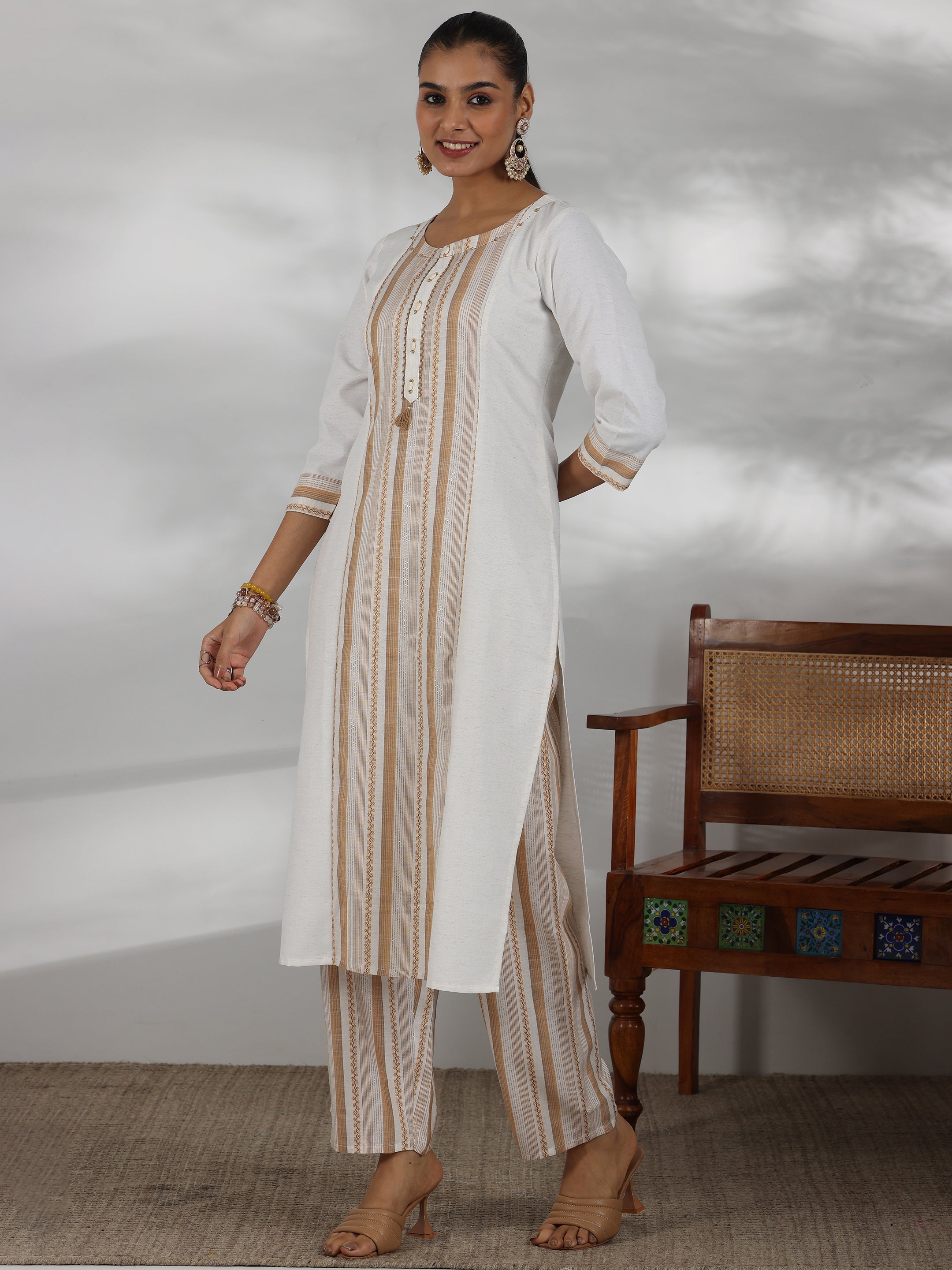 Off White Printed Cotton Blend Straight Suit With Dupatta