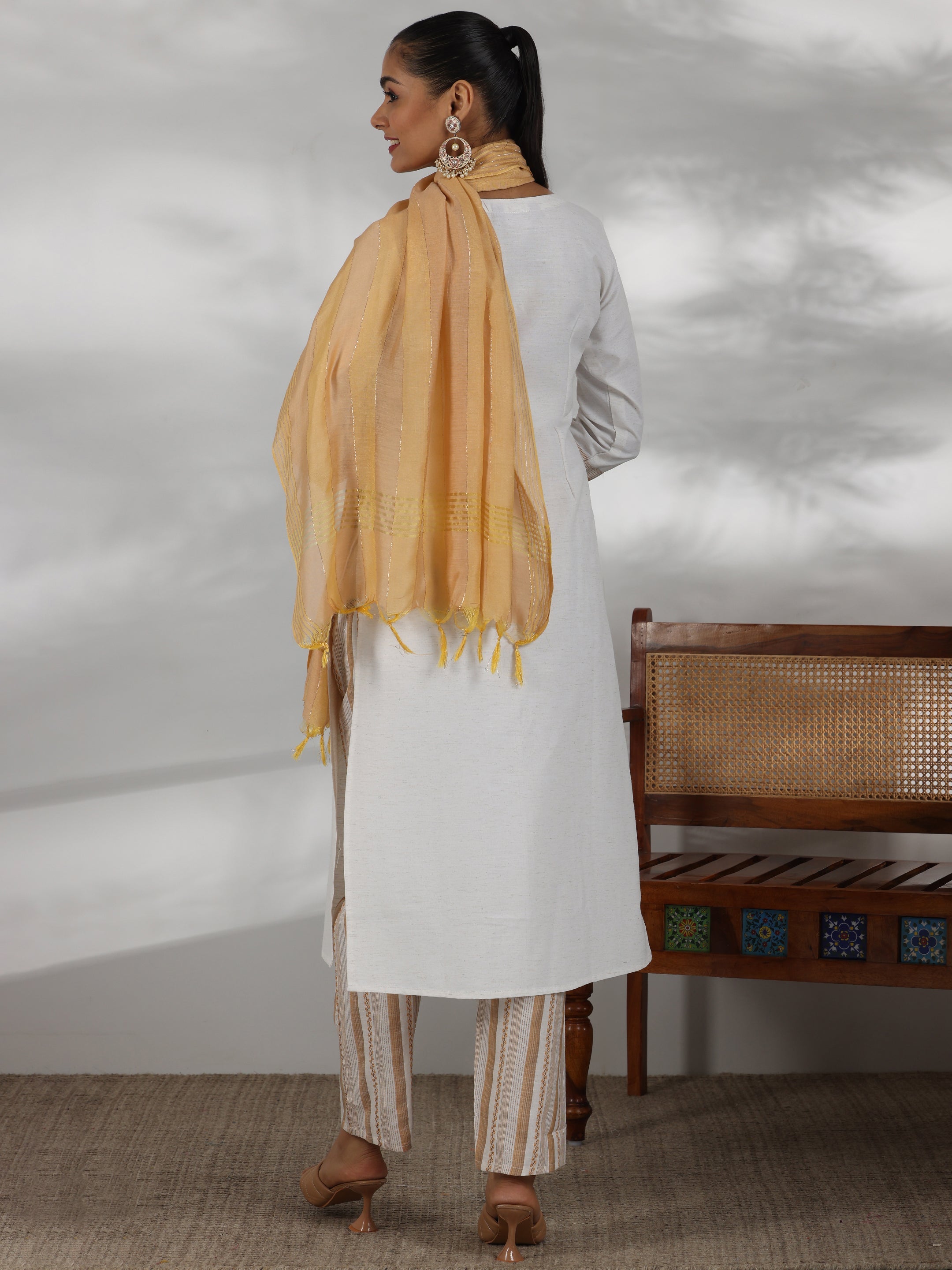 Off White Printed Cotton Blend Straight Suit With Dupatta