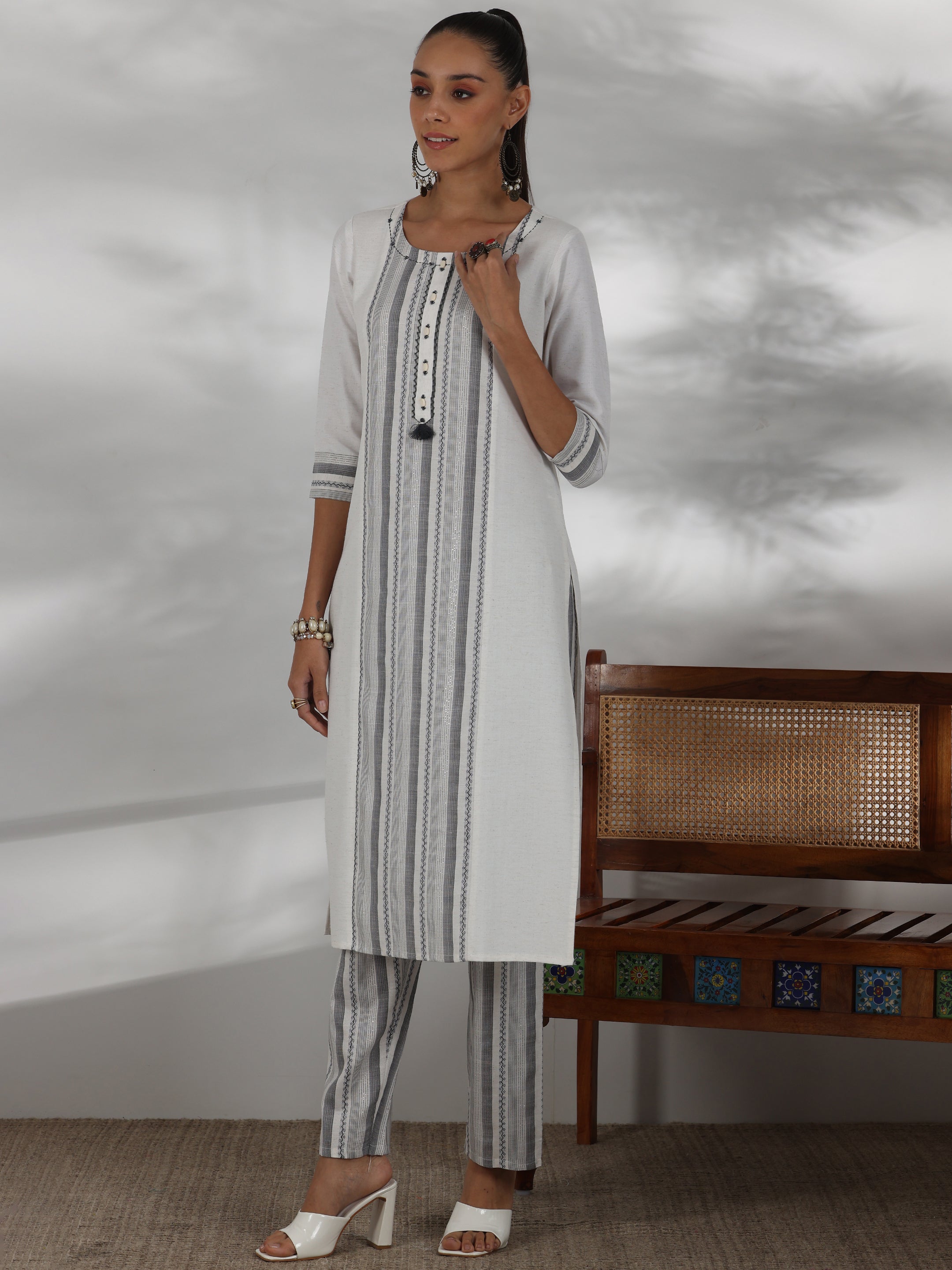 Off White Printed Cotton Blend Straight Suit With Dupatta