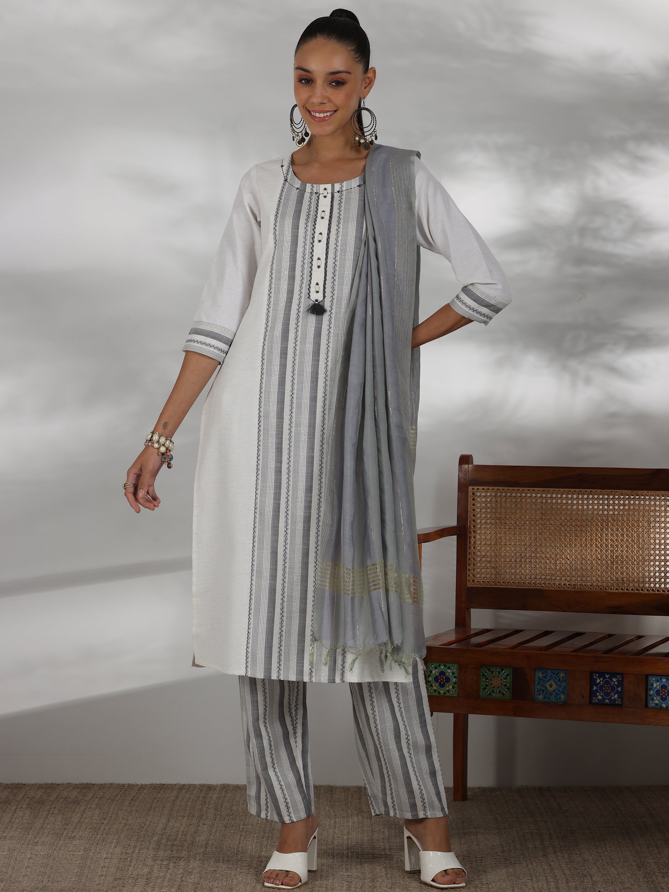 Off White Printed Cotton Blend Straight Suit With Dupatta