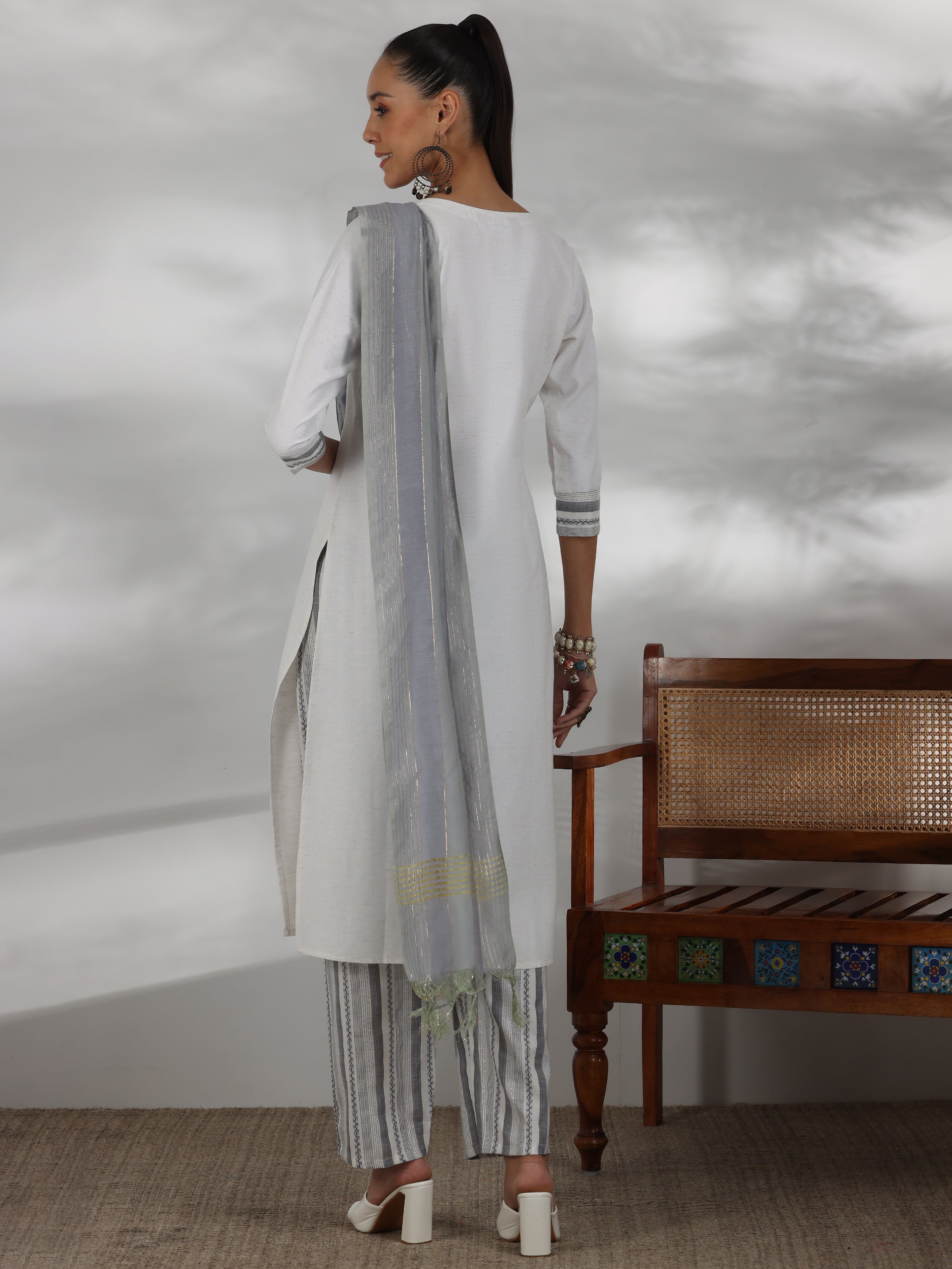 Off White Printed Cotton Blend Straight Suit With Dupatta