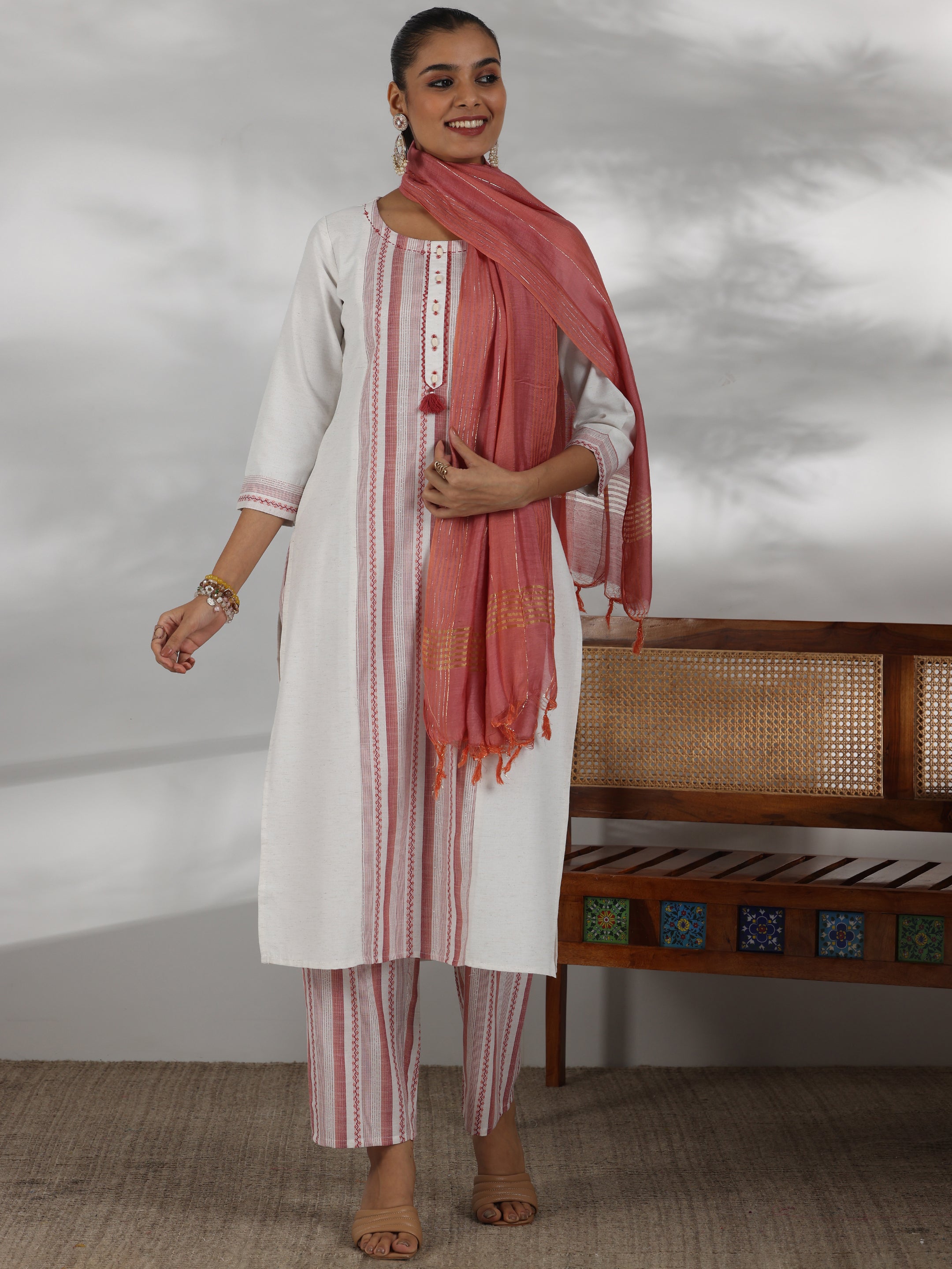 Off White Printed Cotton Blend Straight Suit With Dupatta