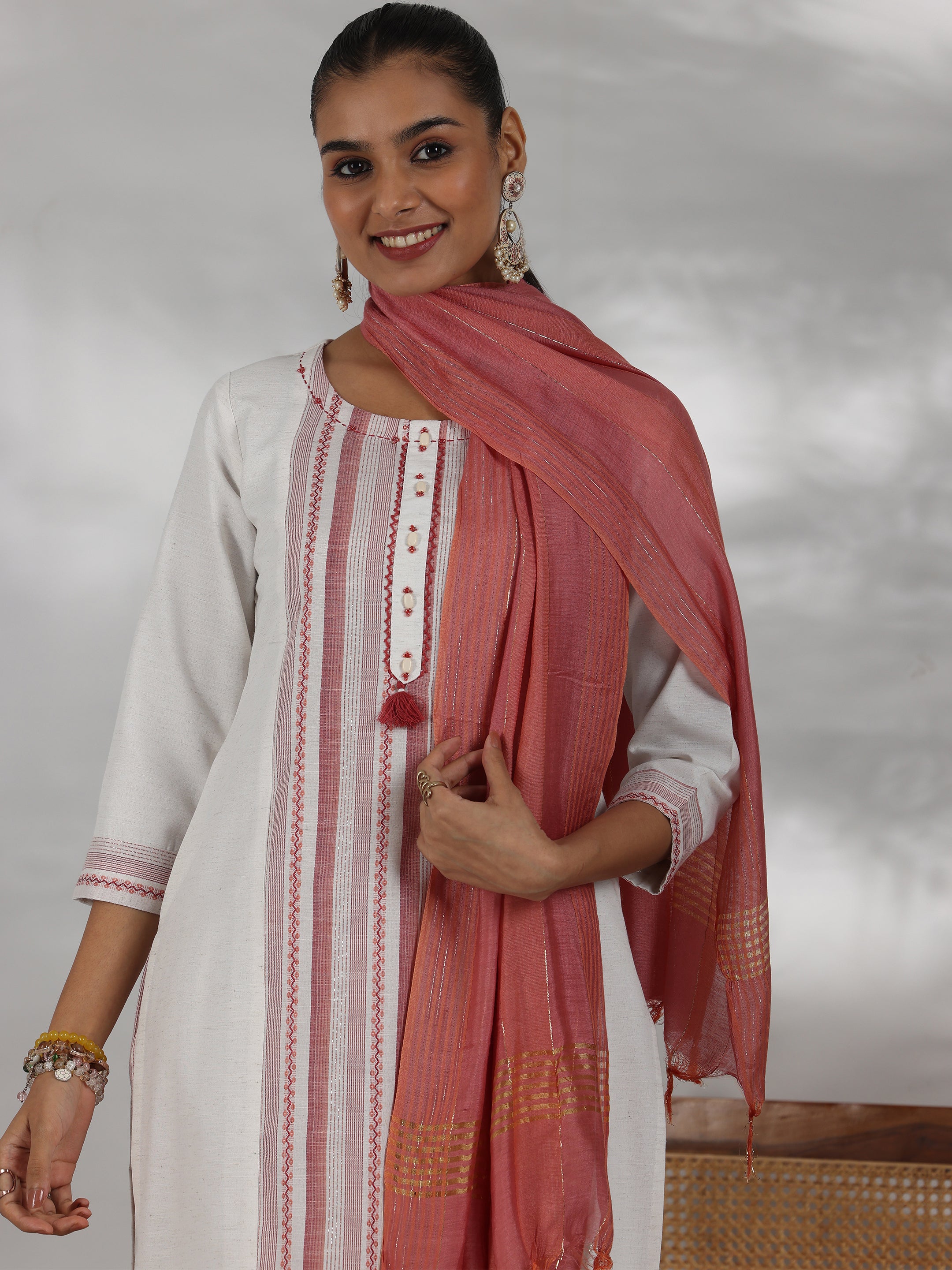 Off White Printed Cotton Blend Straight Suit With Dupatta