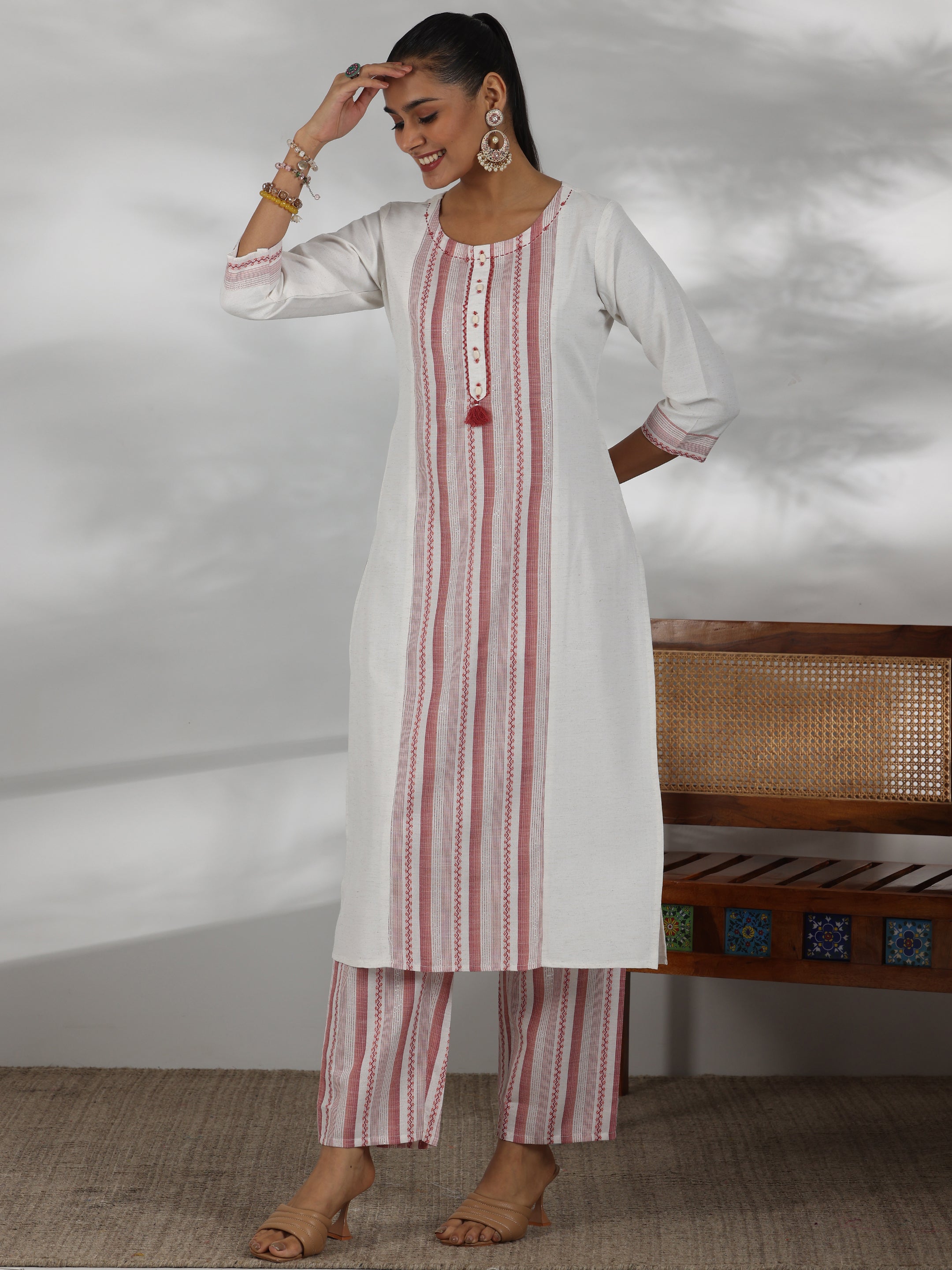 Off White Printed Cotton Blend Straight Suit With Dupatta