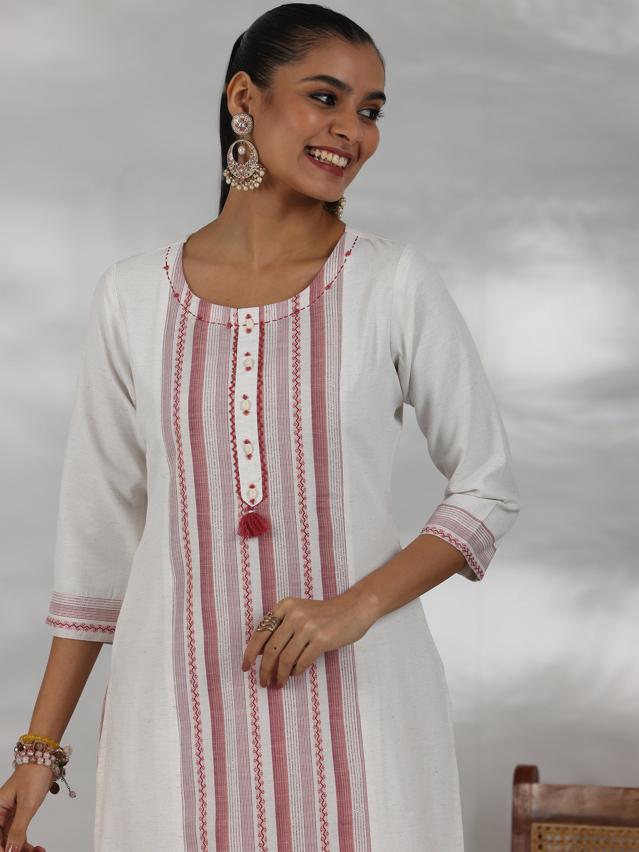 Off White Printed Cotton Blend Straight Suit With Dupatta