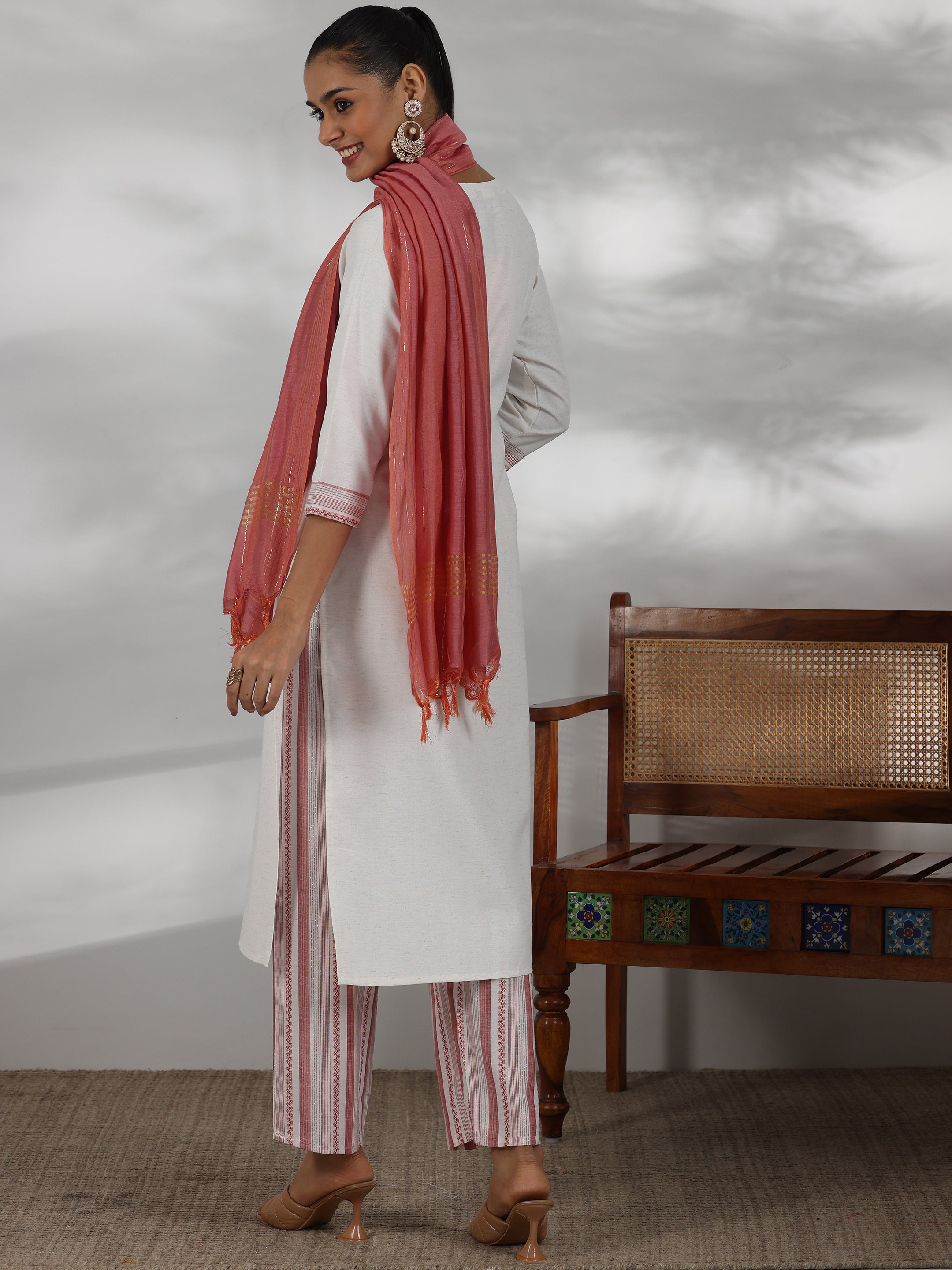 Off White Printed Cotton Blend Straight Suit With Dupatta