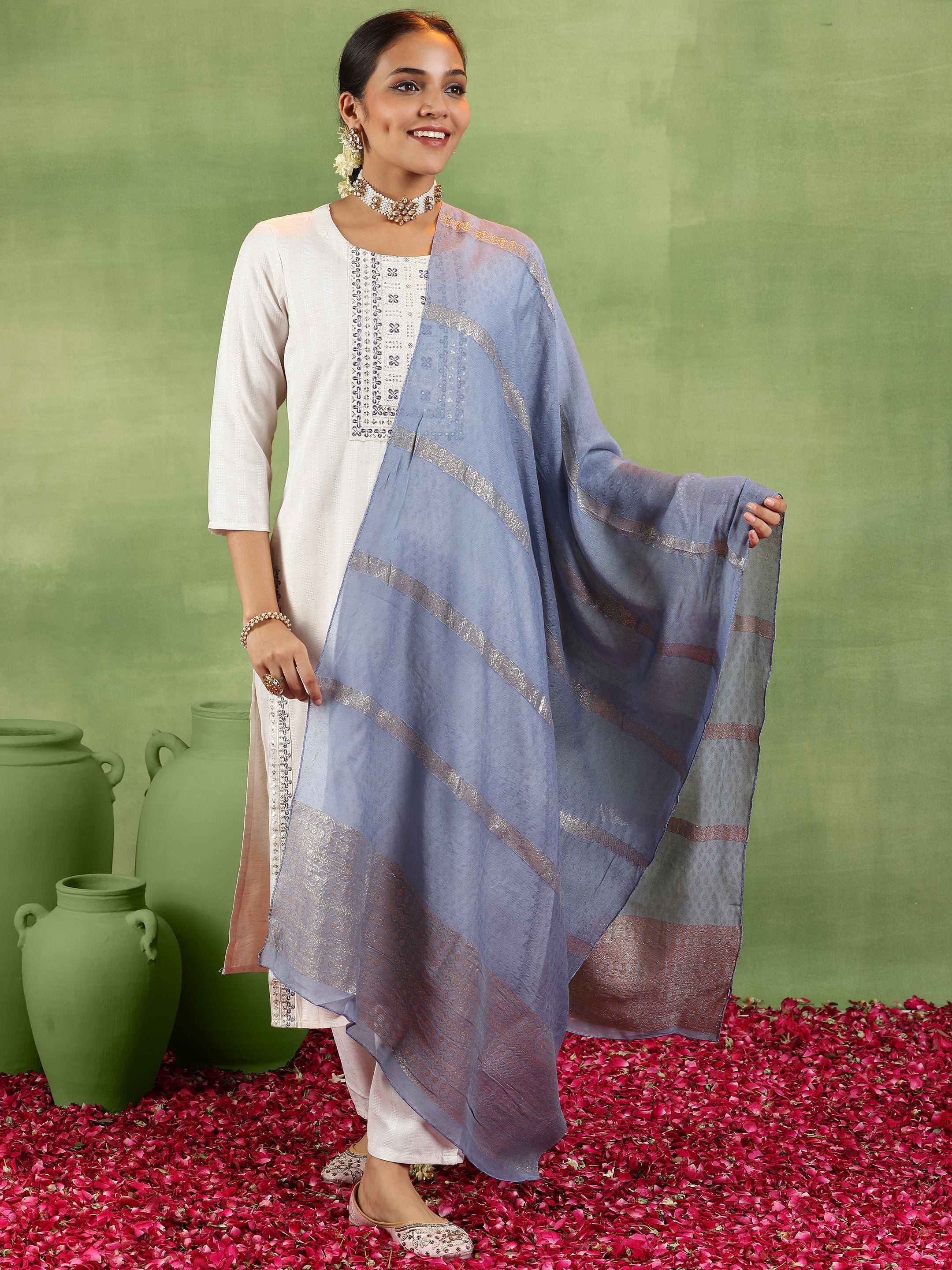 Off White Woven Design Cotton Blend Straight Suit With Dupatta