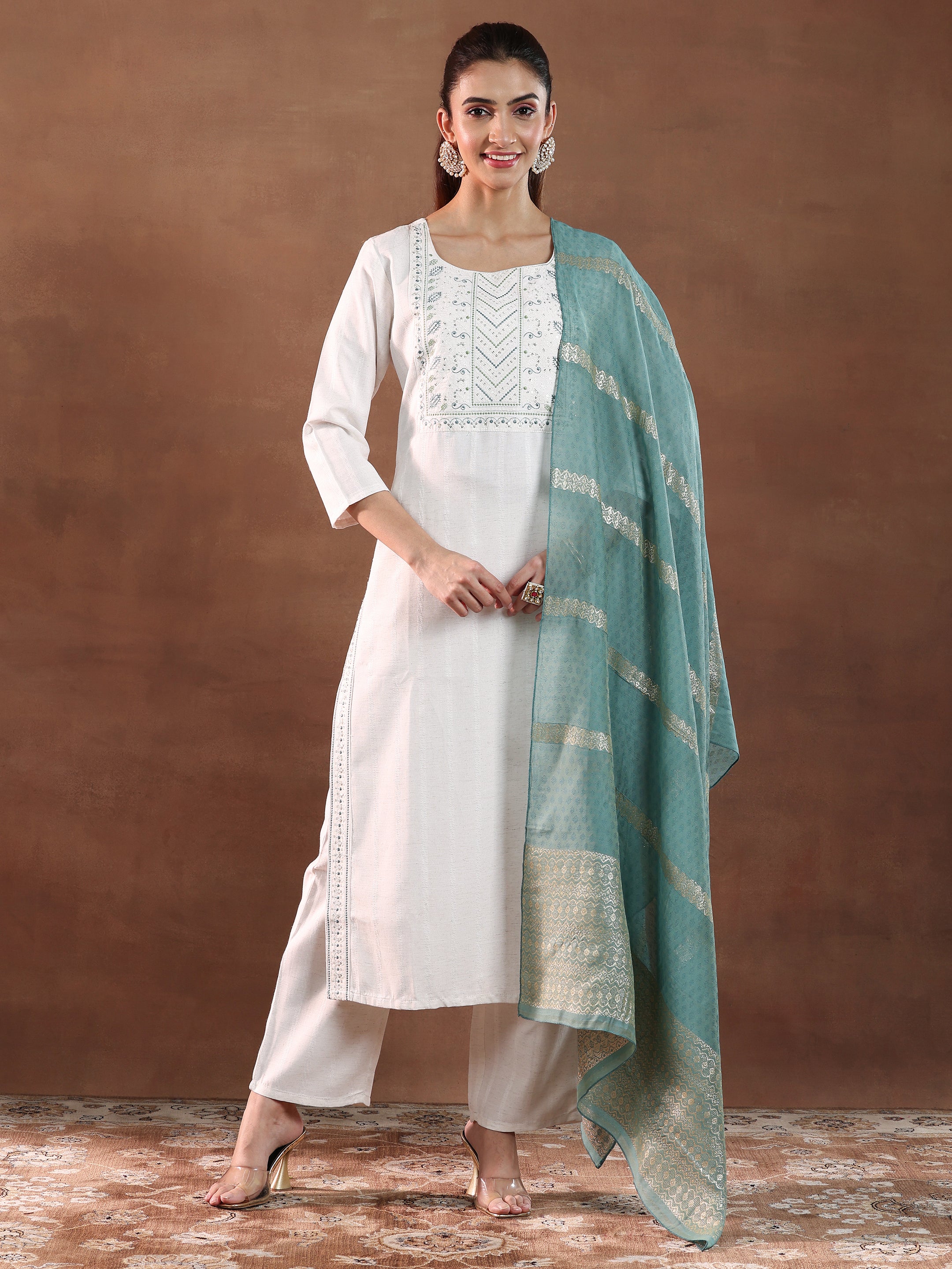 Off White Yoke Design Cotton Blend Straight Suit With Dupatta