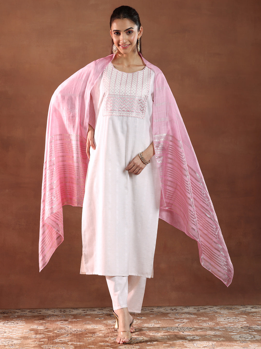 Off White Yoke Design Cotton Blend Straight Suit With Dupatta