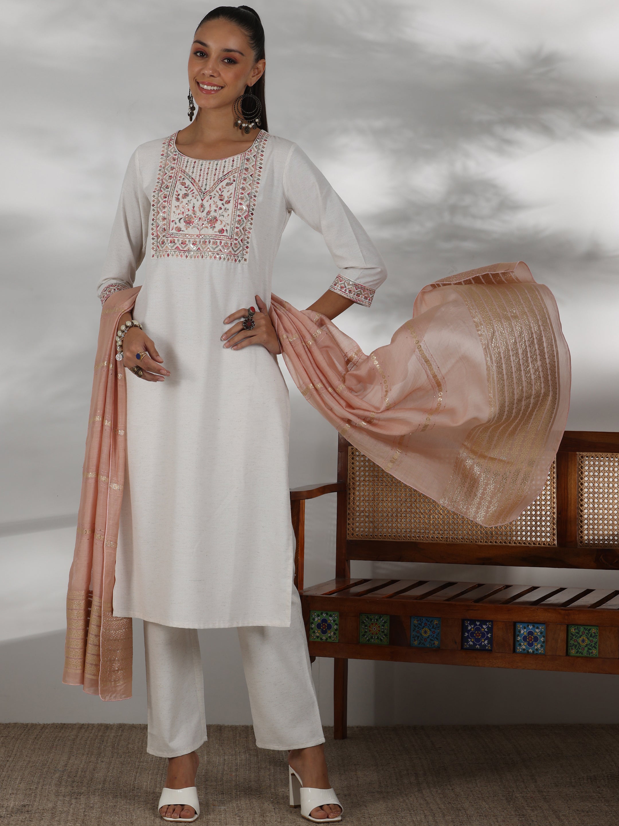 Off White Yoke Design Cotton Blend Straight Suit With Dupatta