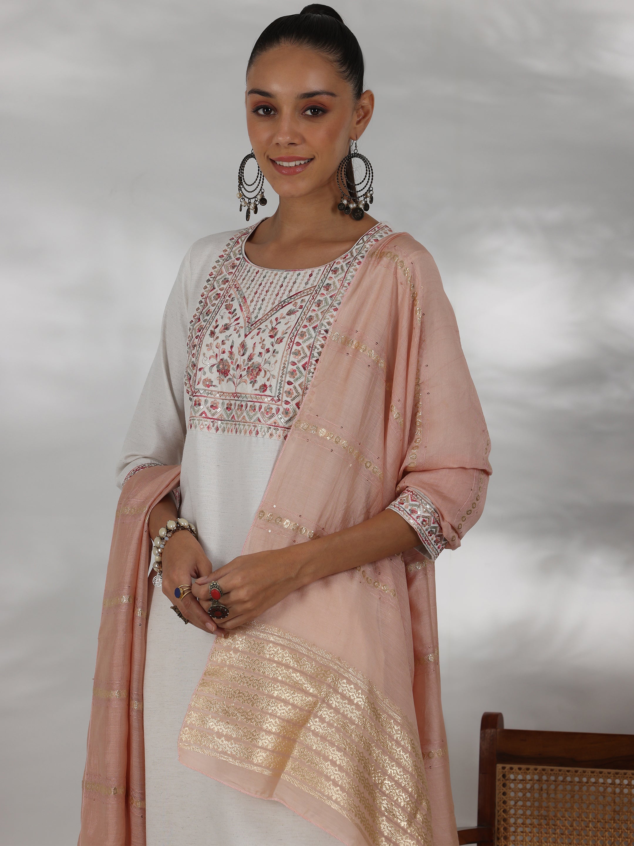 Off White Yoke Design Cotton Blend Straight Suit With Dupatta