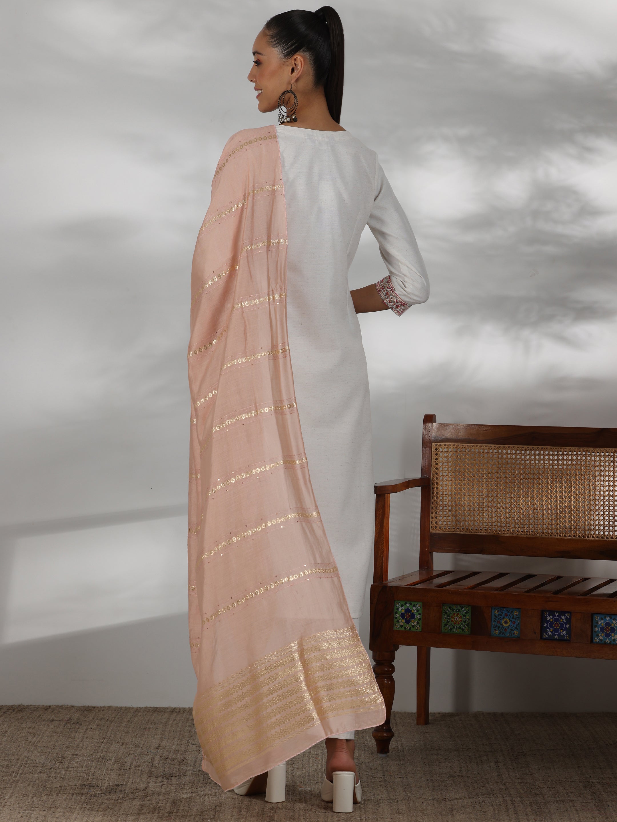 Off White Yoke Design Cotton Blend Straight Suit With Dupatta