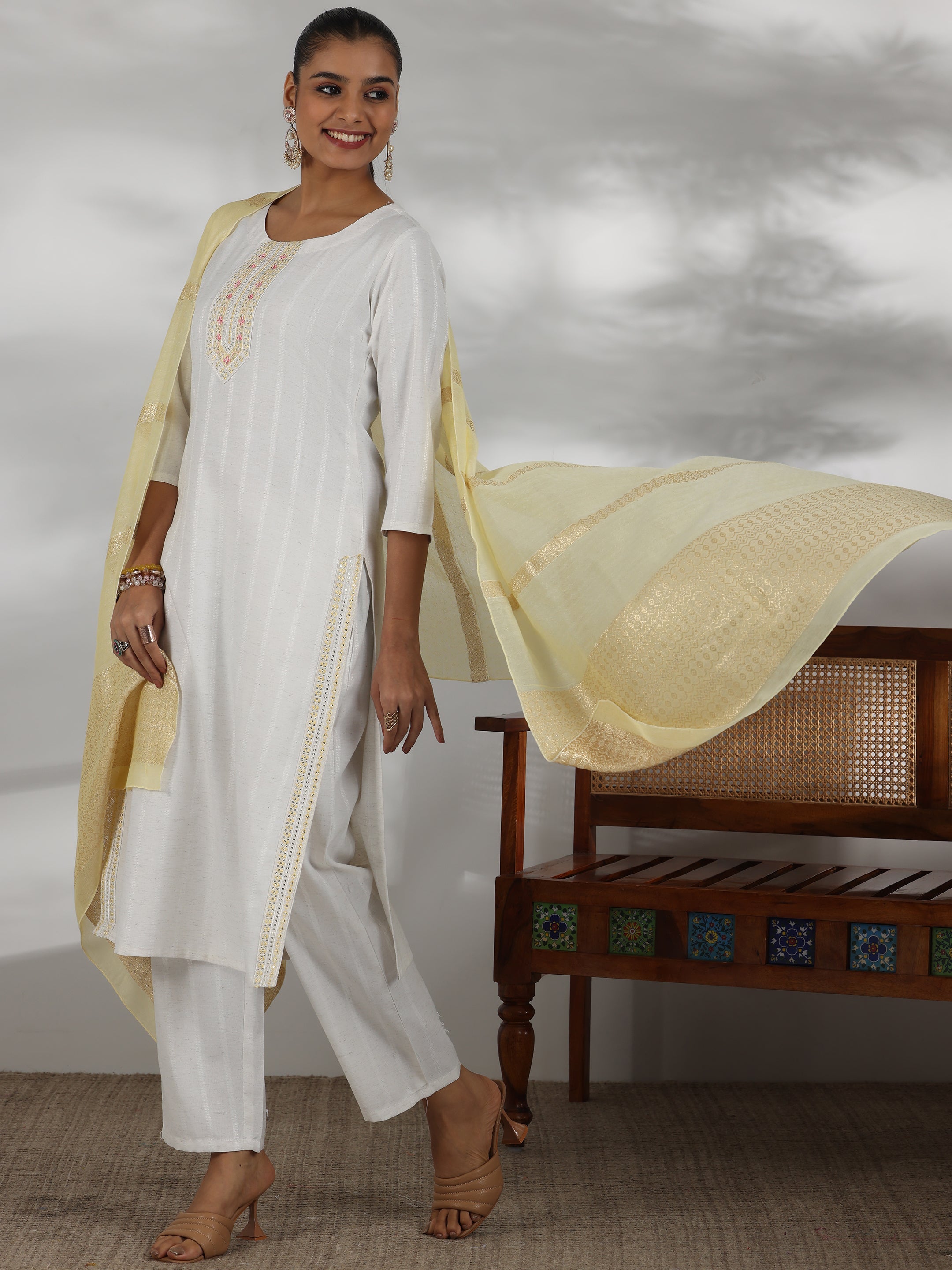 Off White Woven Design Cotton Blend Straight Suit With Dupatta