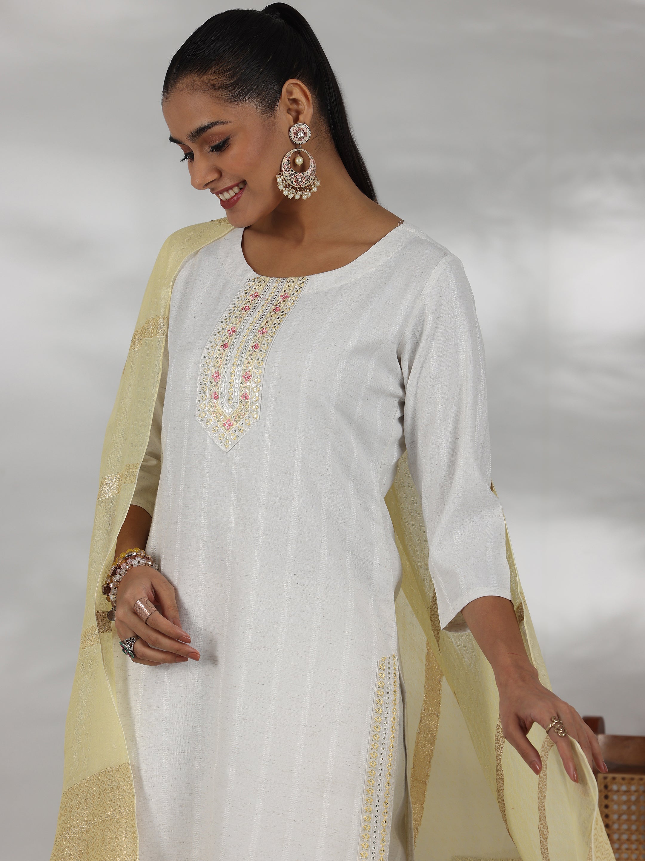 Off White Woven Design Cotton Blend Straight Suit With Dupatta