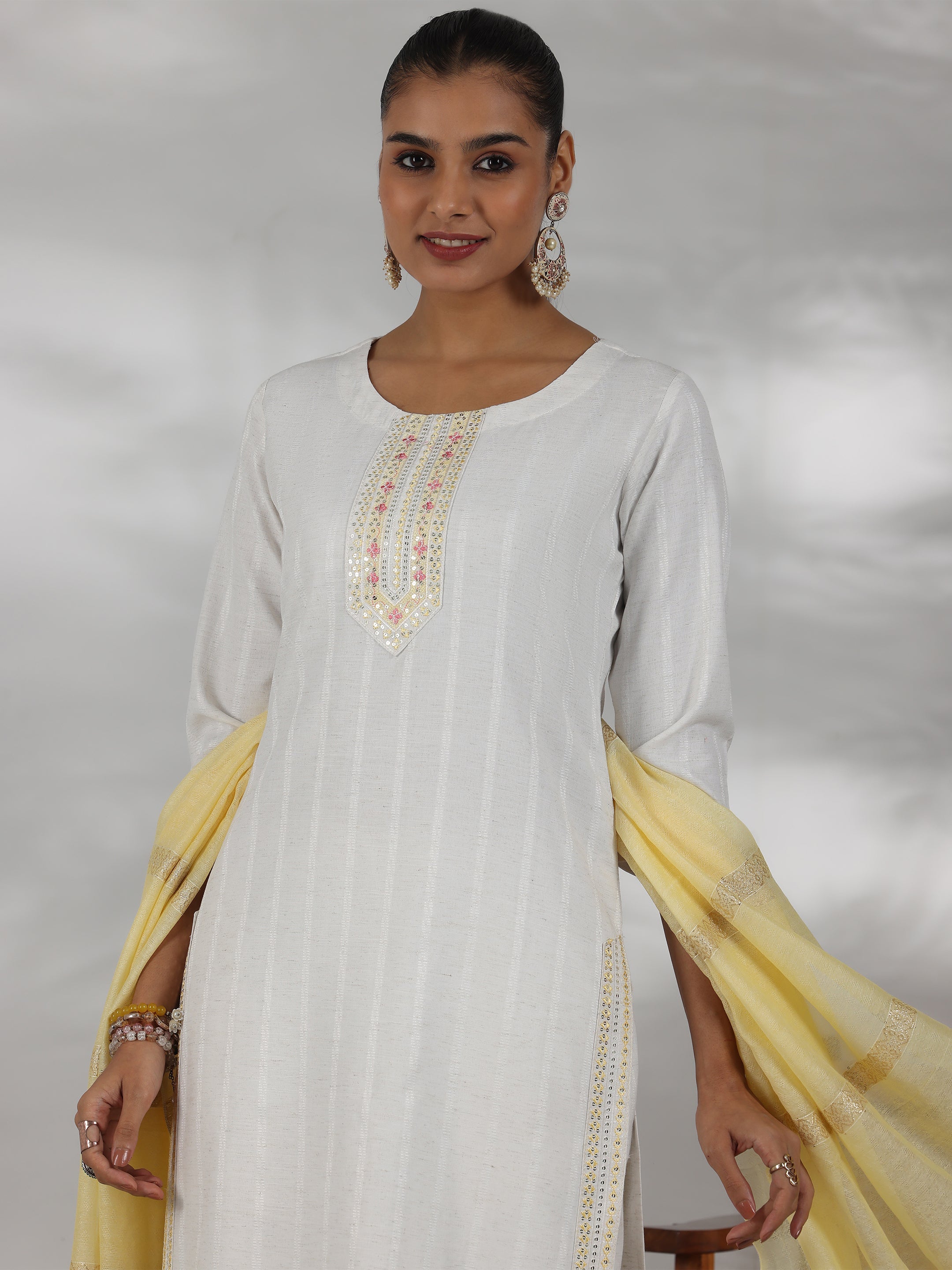 Off White Woven Design Cotton Blend Straight Suit With Dupatta