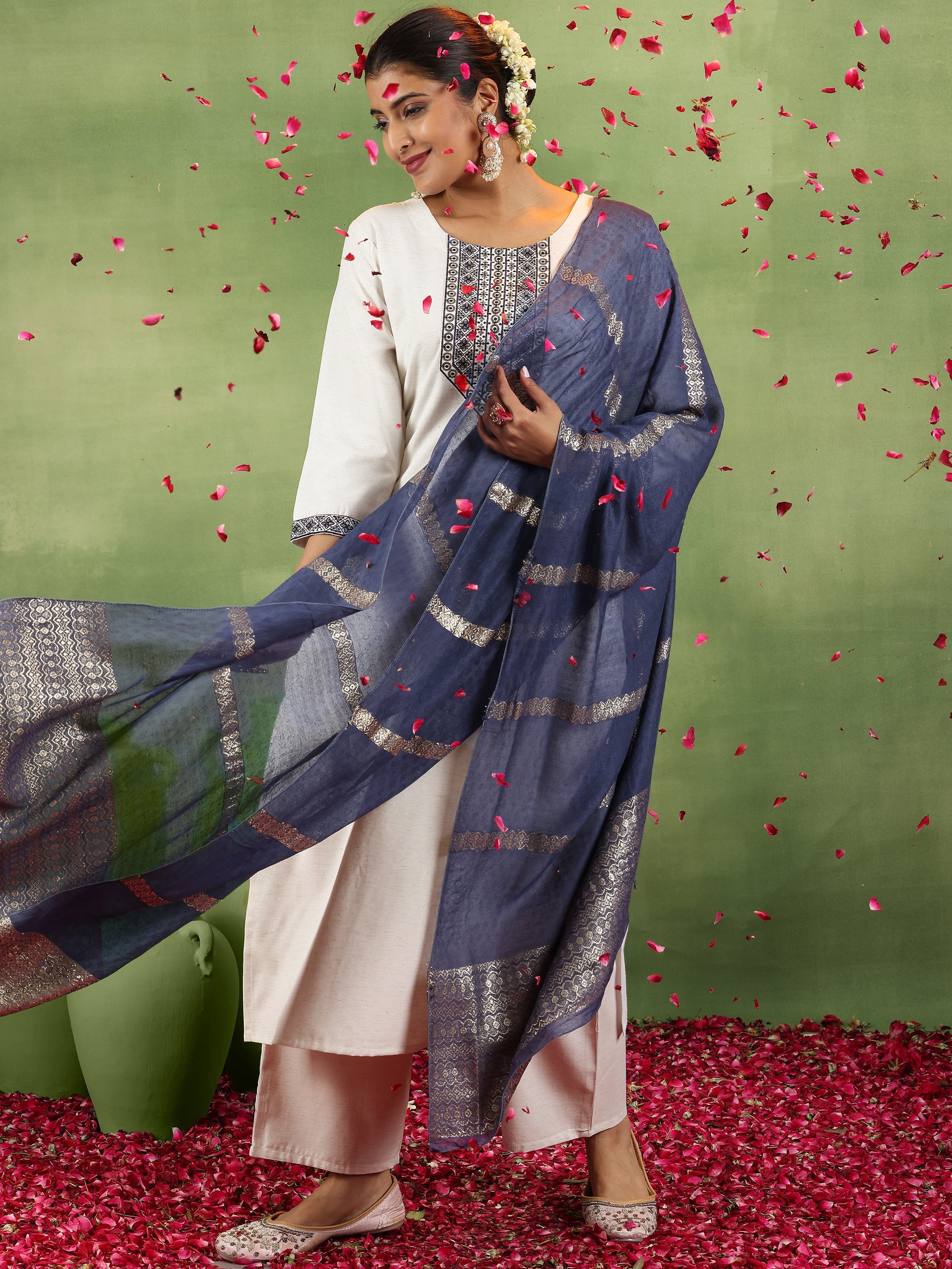 Off White Yoke Design Cotton Blend Straight Suit With Dupatta