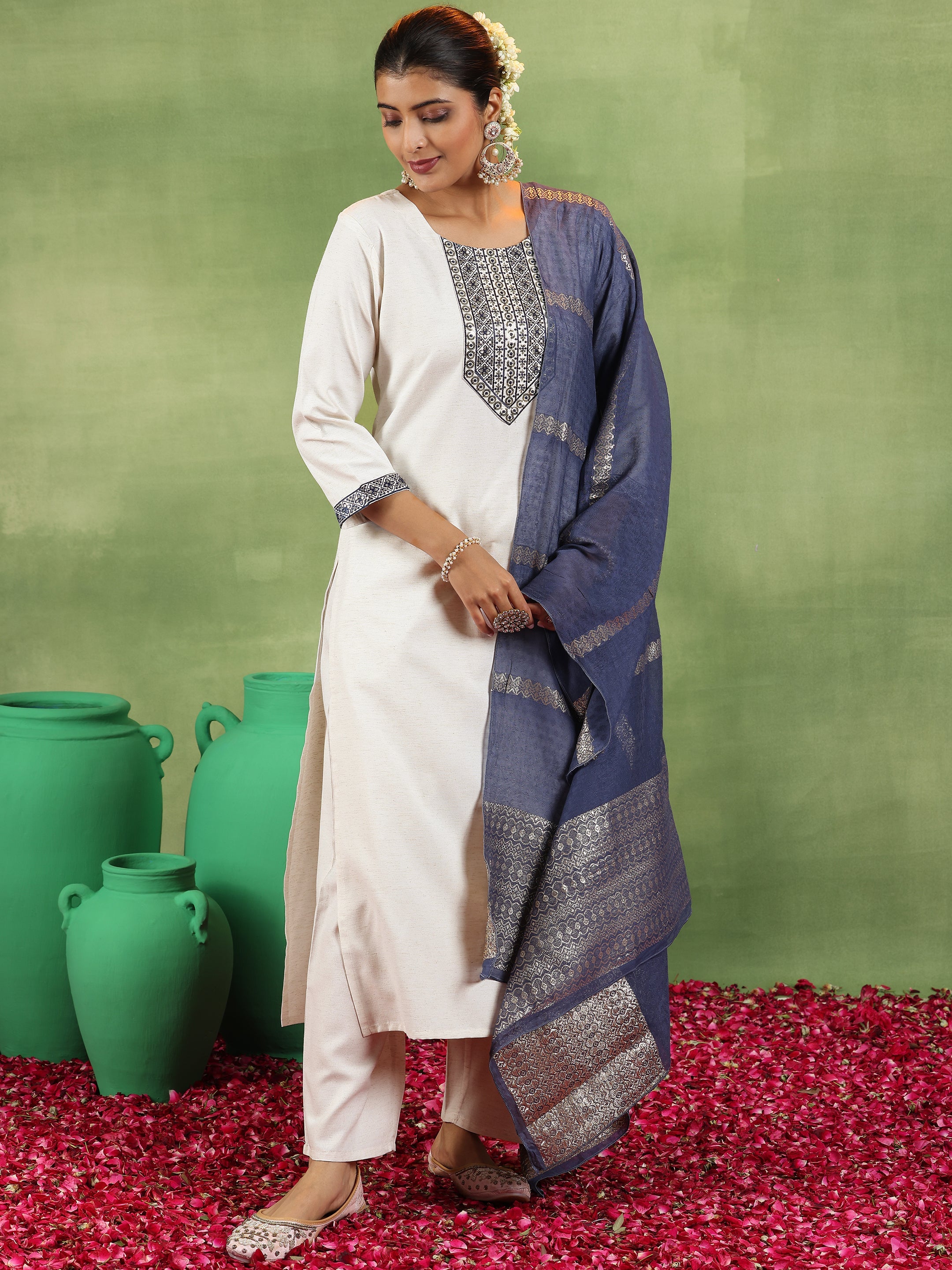 Off White Yoke Design Cotton Blend Straight Suit With Dupatta