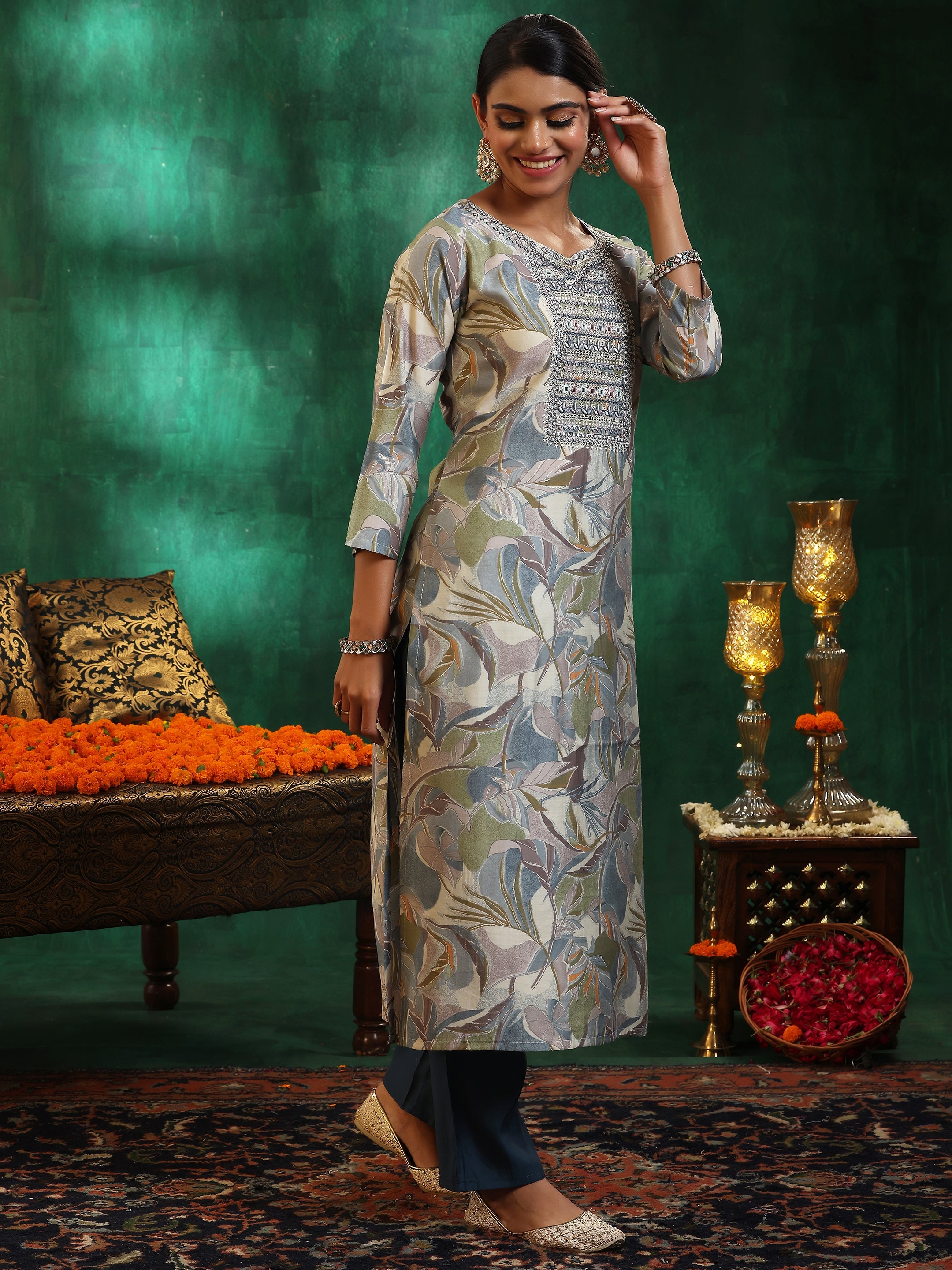 Off White Printed Silk Blend Straight Suit With Dupatta