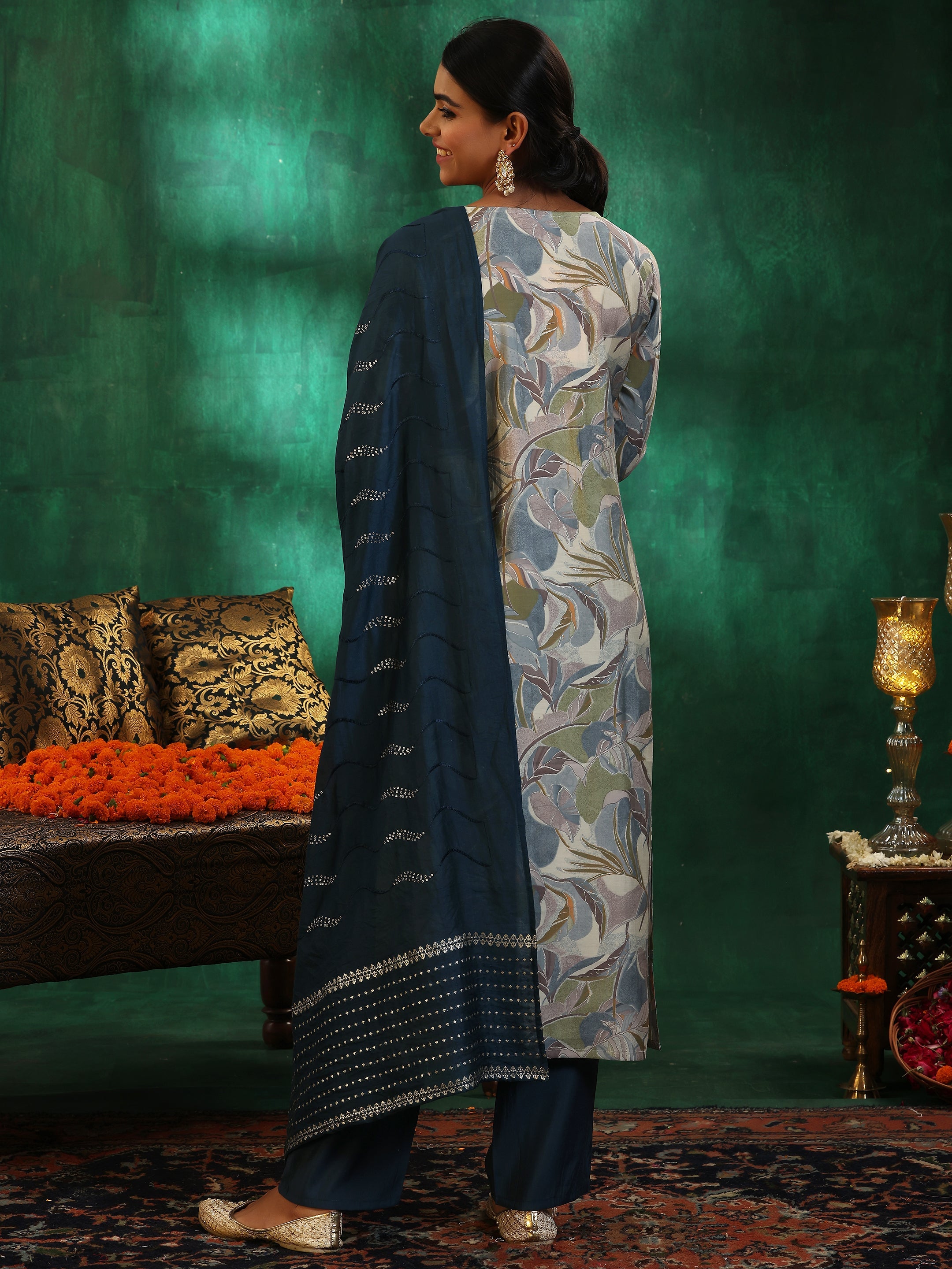 Off White Printed Silk Blend Straight Suit With Dupatta