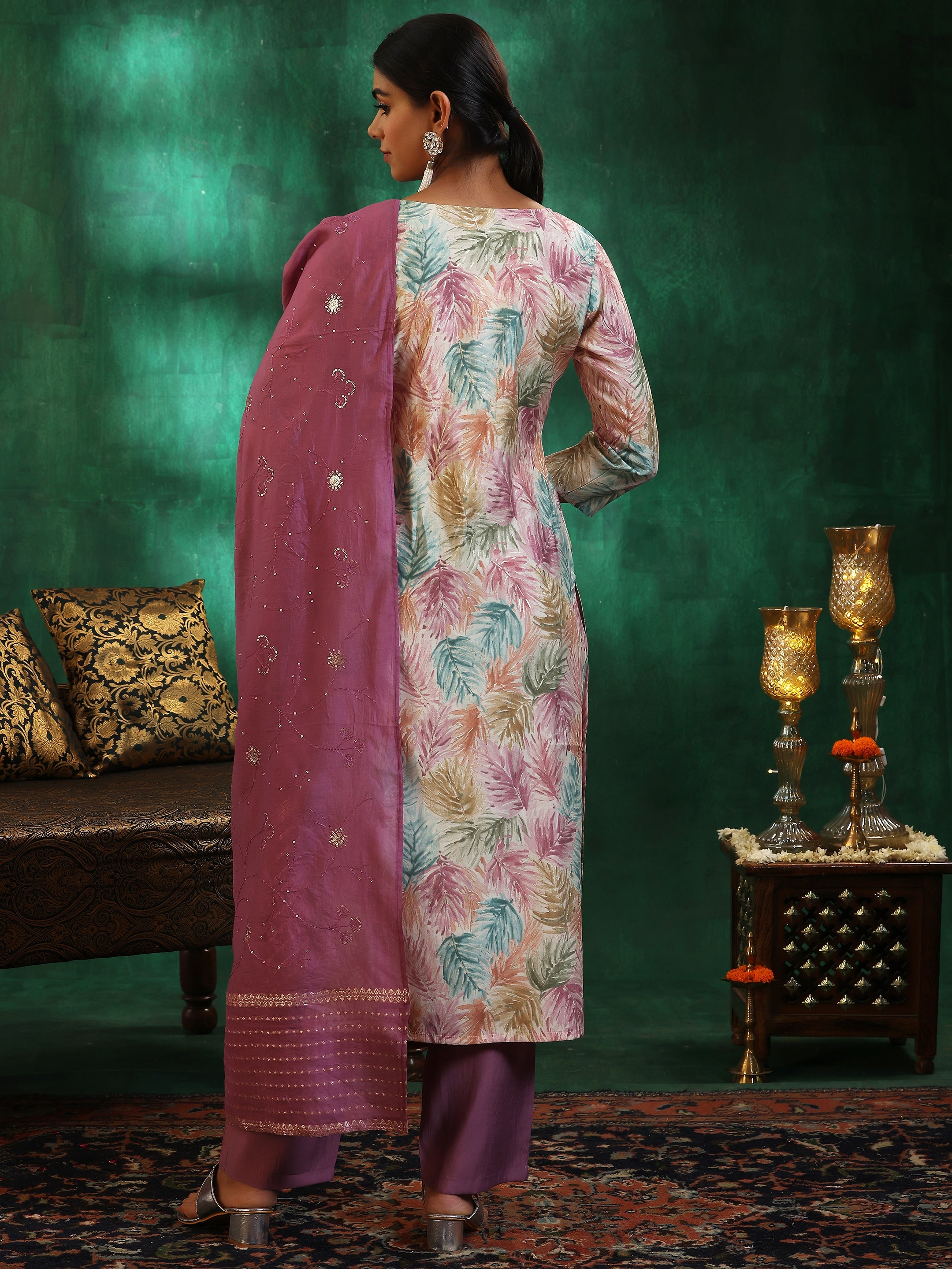 Off White Printed Silk Blend Straight Suit With Dupatta