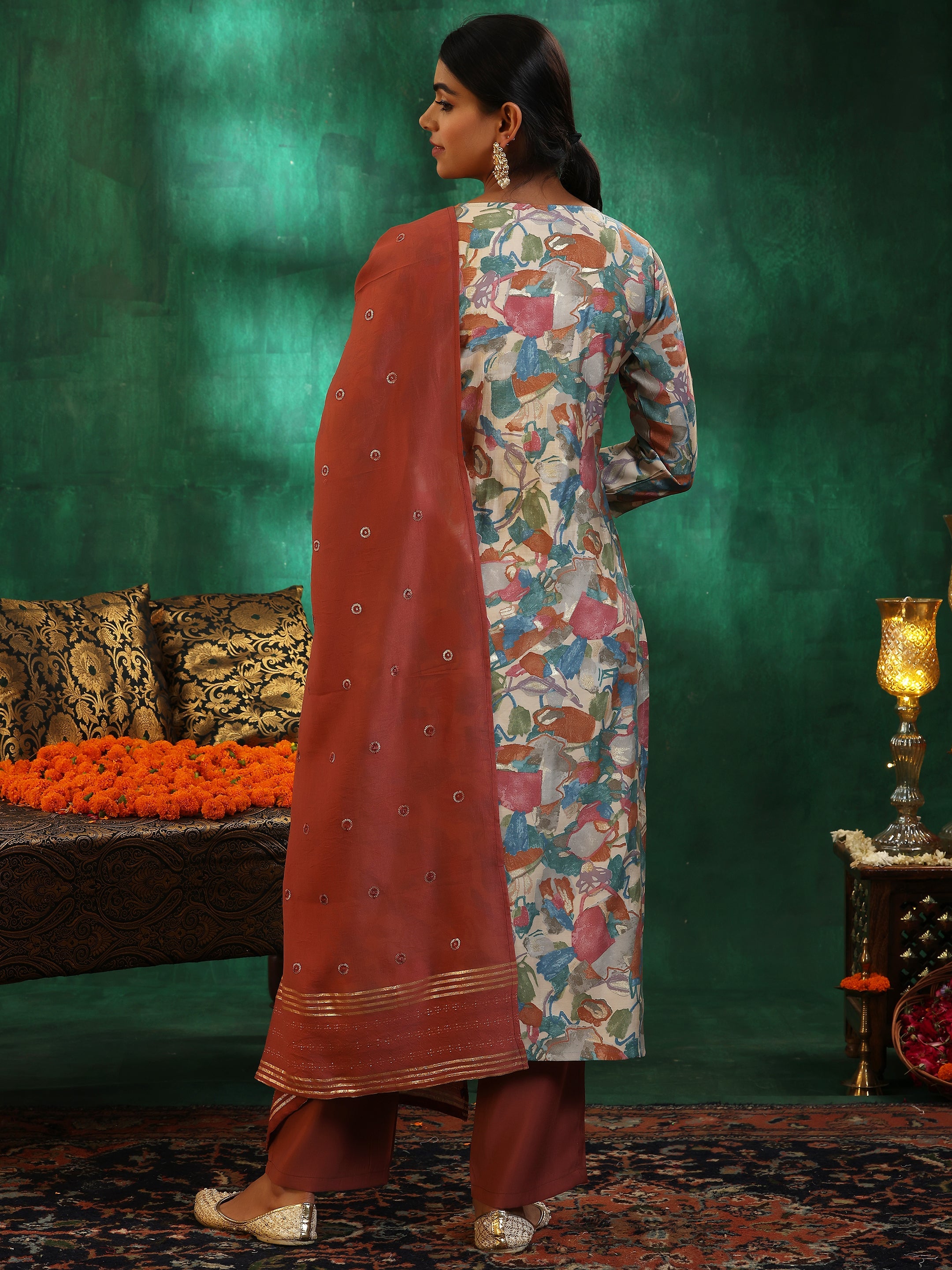 Off White Printed Silk Blend Straight Suit With Dupatta