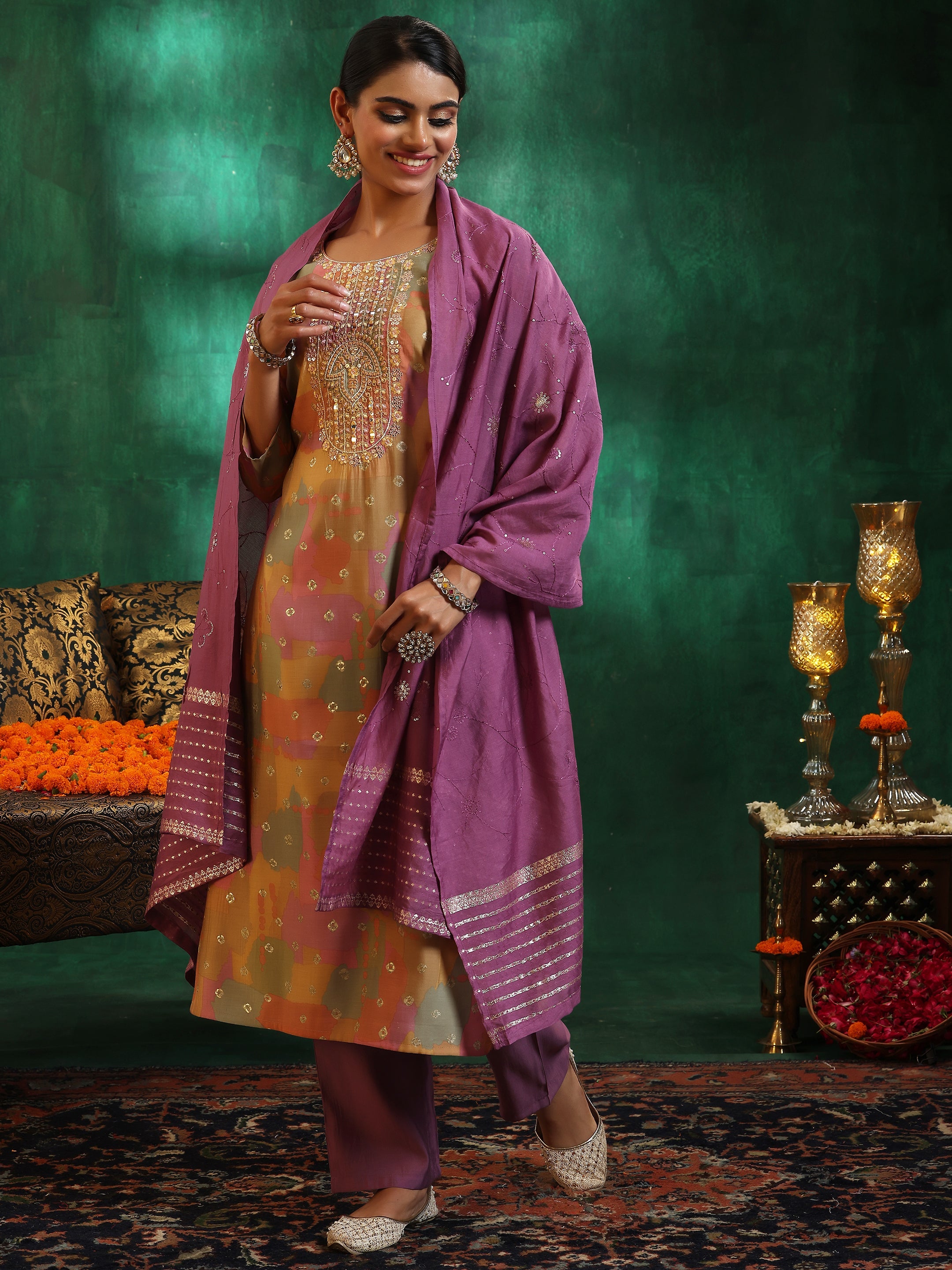 Multicoloured Printed Silk Blend Straight Suit With Dupatta